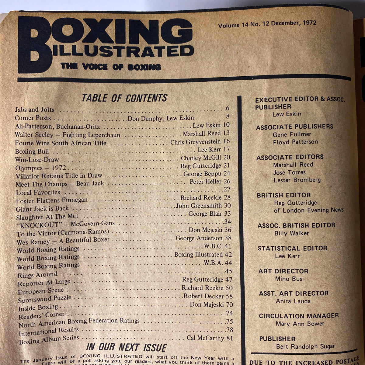Table of contents from Boxing Illustrated Magazine December 1972, listing articles and features including profiles of notable boxers and boxing history.