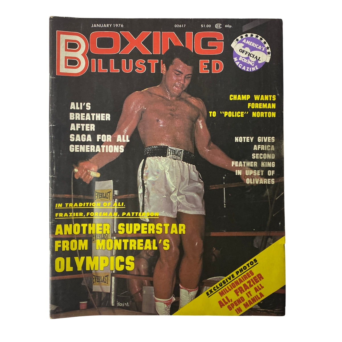 Boxing Illustrated Magazine January 1976 featuring Muhammad Ali on the cover, celebrating his career post 'Thrilla in Manila,' in good condition with no label, ideal for collectors of vintage boxing memorabilia.