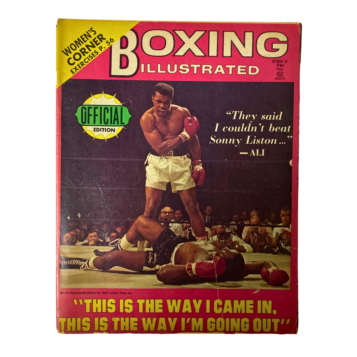 Boxing Illustrated Magazine October 1974 cover featuring Muhammad Ali with the quote 'They said I couldn't beat Sonny Liston... - ALI' showcasing the official edition's design.