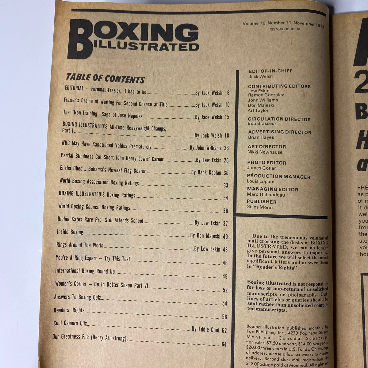 Table of contents from Boxing Illustrated Magazine November 1974, detailing feature articles and editorials including coverage on heavyweight boxing.