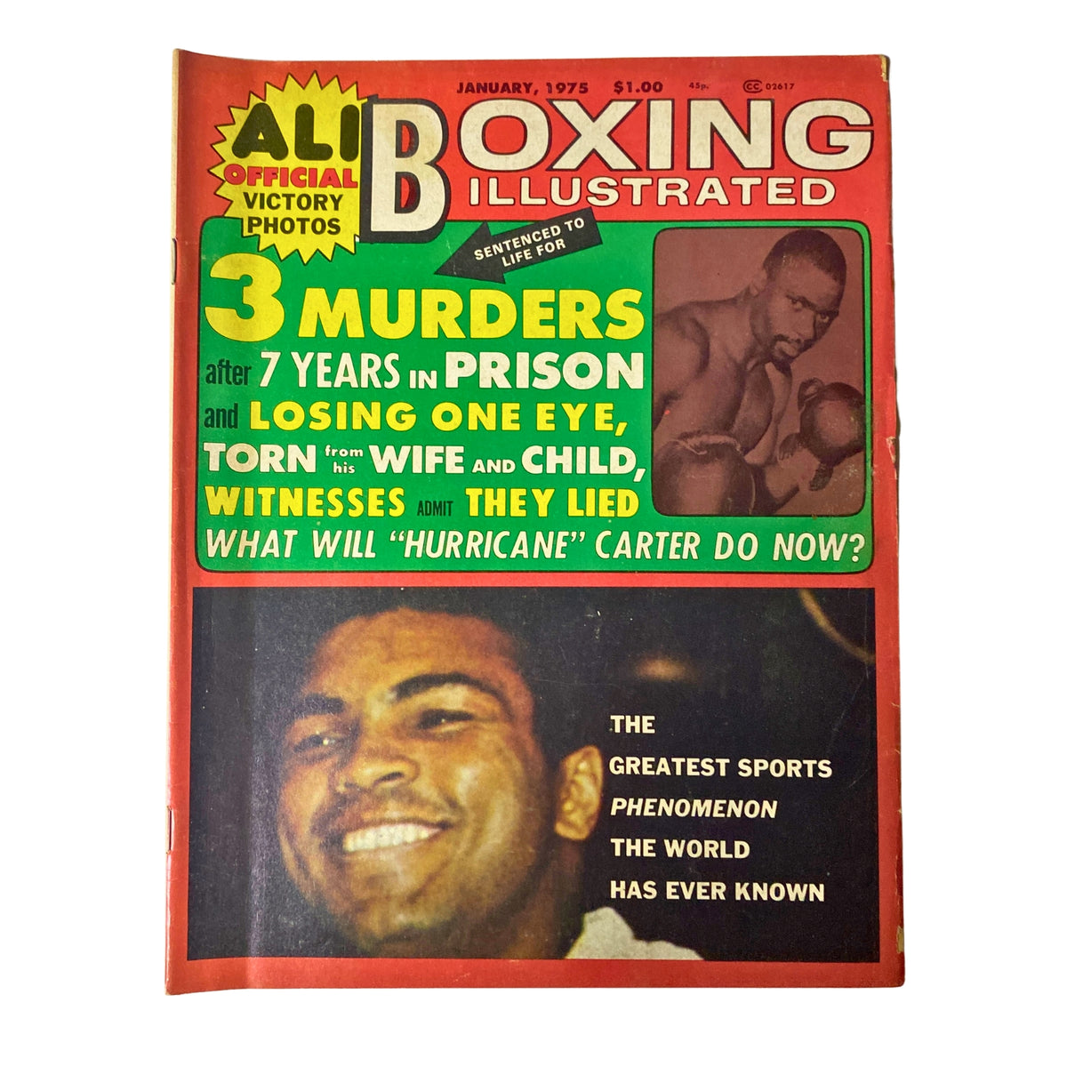 Boxing Illustrated Magazine January 1975 featuring Muhammad Ali on the cover; highlights the historical context of boxing and the aftermath of the 'Rumble in the Jungle'.