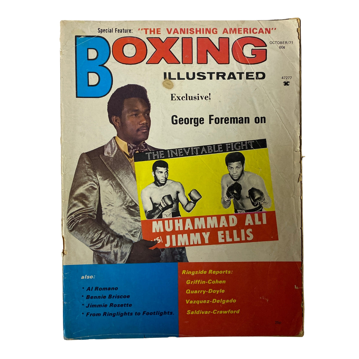 Cover of Boxing Illustrated Magazine, October 1971 edition featuring George Foreman. The cover highlights Foreman and discusses Muhammad Ali, labeled as 'The Inevitable Fight.'
