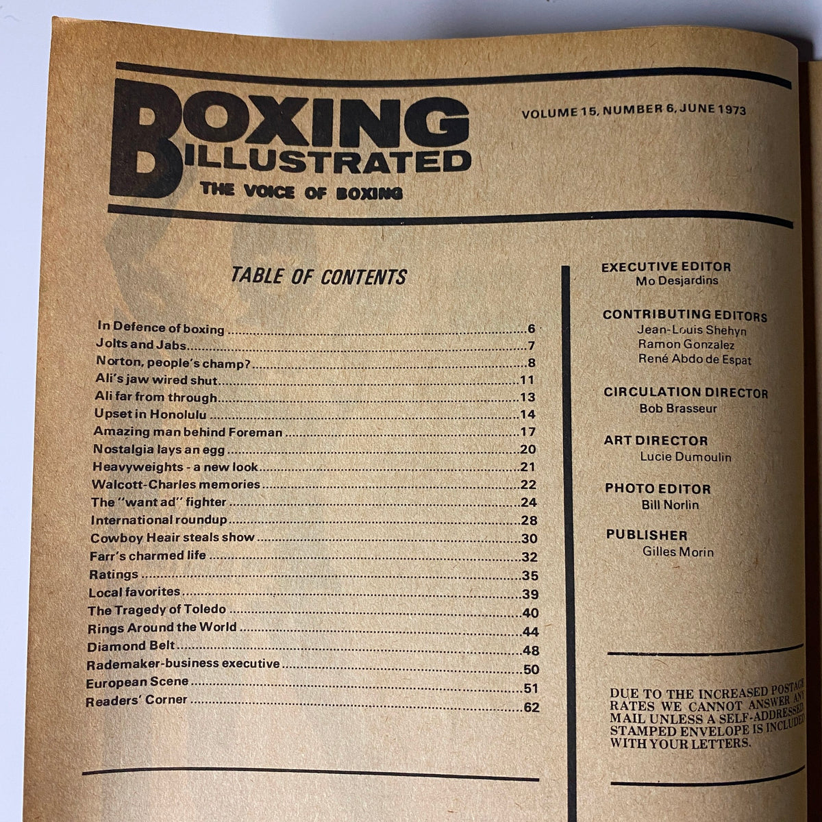 Interior page of Boxing Illustrated Magazine June 1973 displaying the table of contents, highlighting various boxing-related articles and topics.