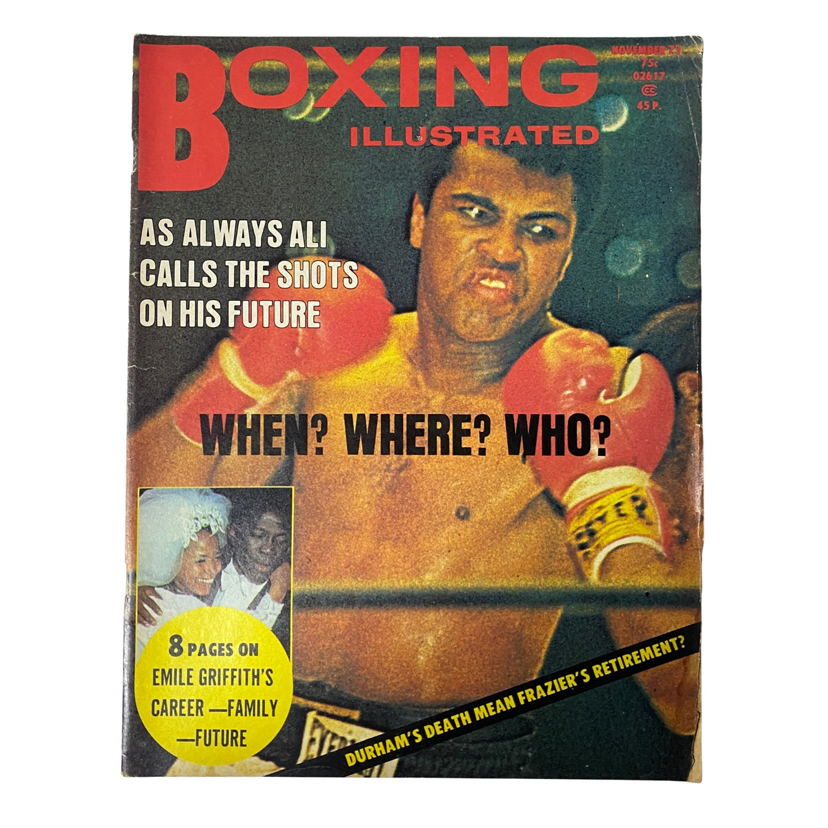 Cover of Boxing Illustrated Magazine November 1973 featuring Muhammad Ali, showcasing his powerful image and a headline discussing his future in boxing. This vintage magazine is a collectible piece of 1970s boxing history.