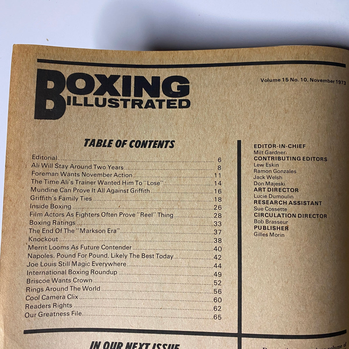 Table of contents from Boxing Illustrated Magazine November 1973, detailing articles including analysis on Ali, Foreman, and notable boxing stories from the era. A key feature in the issue highlighting the boxing landscape of the 1970s.