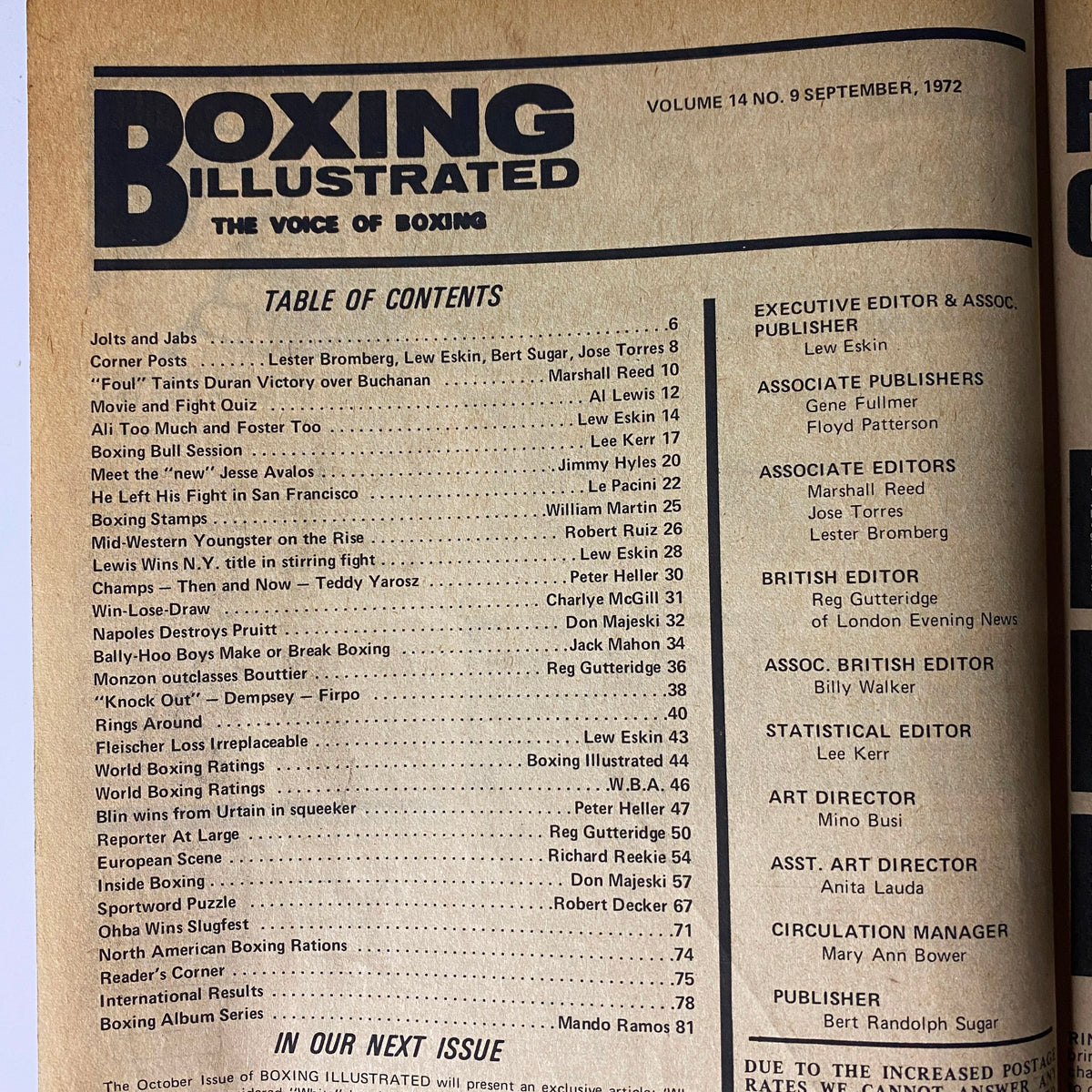Table of contents page from Boxing Illustrated Magazine September 1972 outlining various articles and features including highlights from the boxing world.