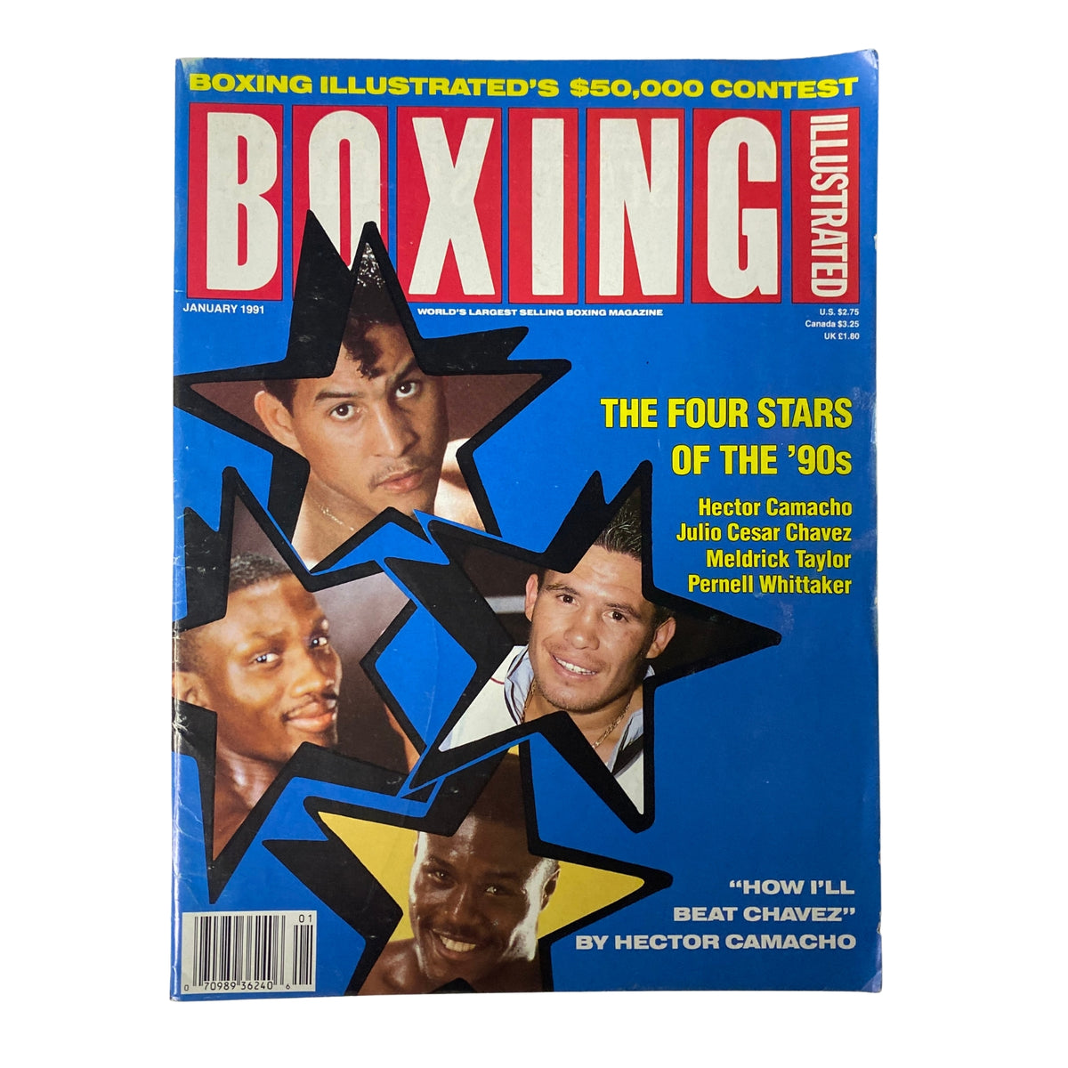Boxing Illustrated Magazine January 1991 featuring Hector Camacho, Julio Cesar Chavez, Meldrick Taylor, and Pernell Whitaker on the cover, highlighting the 'Four Stars of the 90s' and the magazine's $50,000 contest.