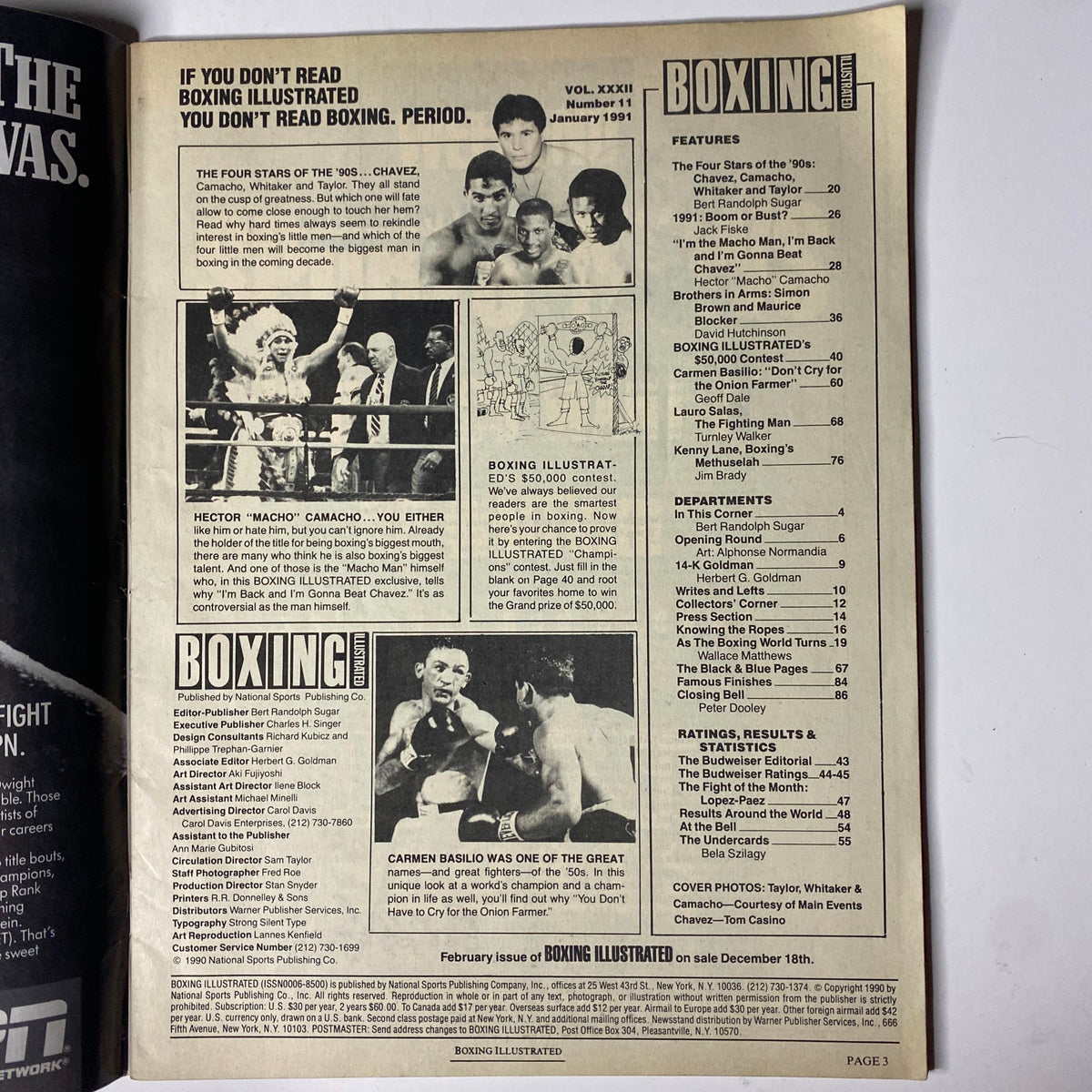 Inside pages of Boxing Illustrated Magazine January 1991 showcasing key articles including 'The Four Stars of the 90s' with Hector Camacho, Julio Cesar Chavez, and more, along with magazine departments and ratings sections.