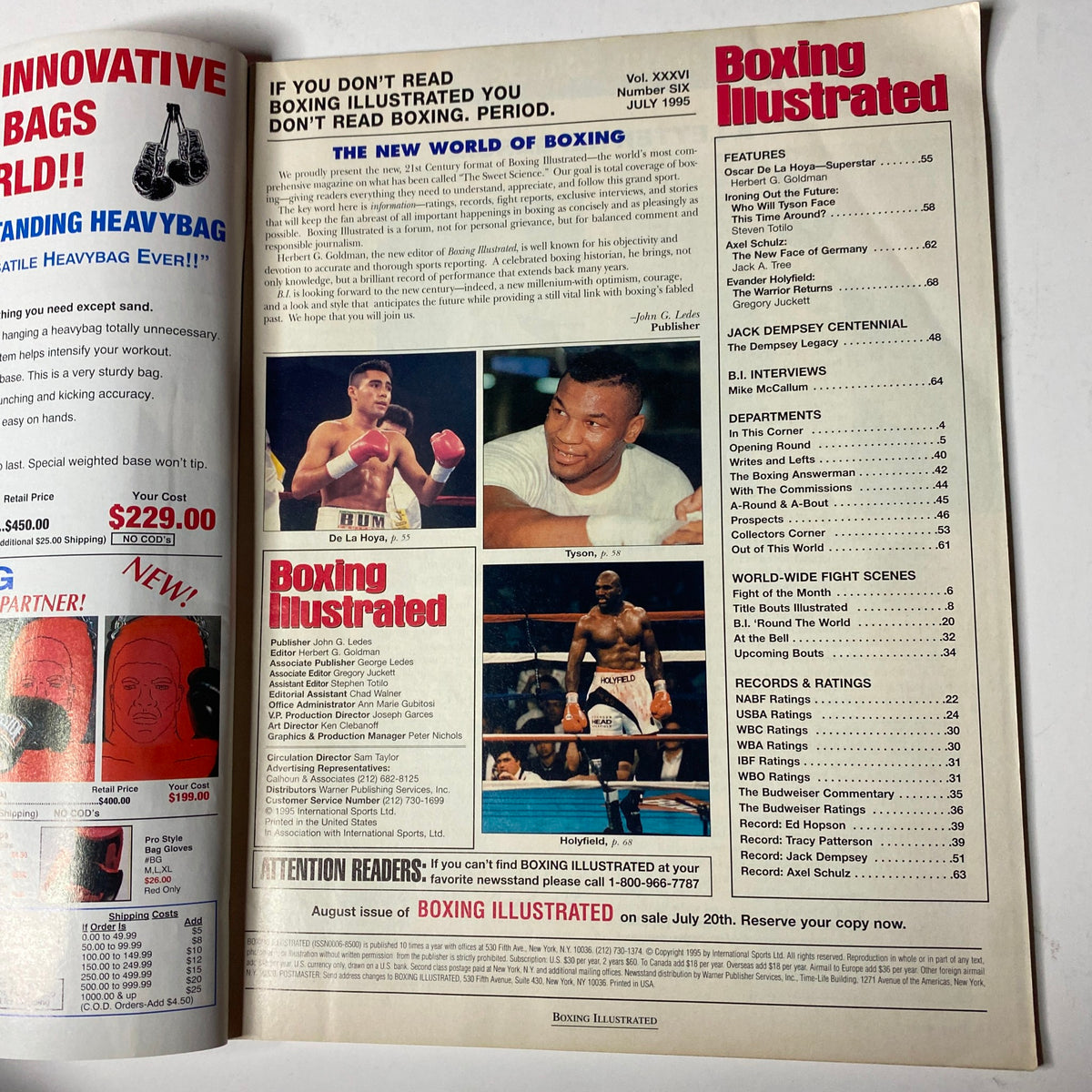 Table of contents page from the Boxing Illustrated Magazine July 1995 issue featuring Oscar De La Hoya on the cover. Key highlights include features on Oscar De La Hoya's rise, profiles of prominent boxers, and regular sections dedicated to boxing news and updates.
