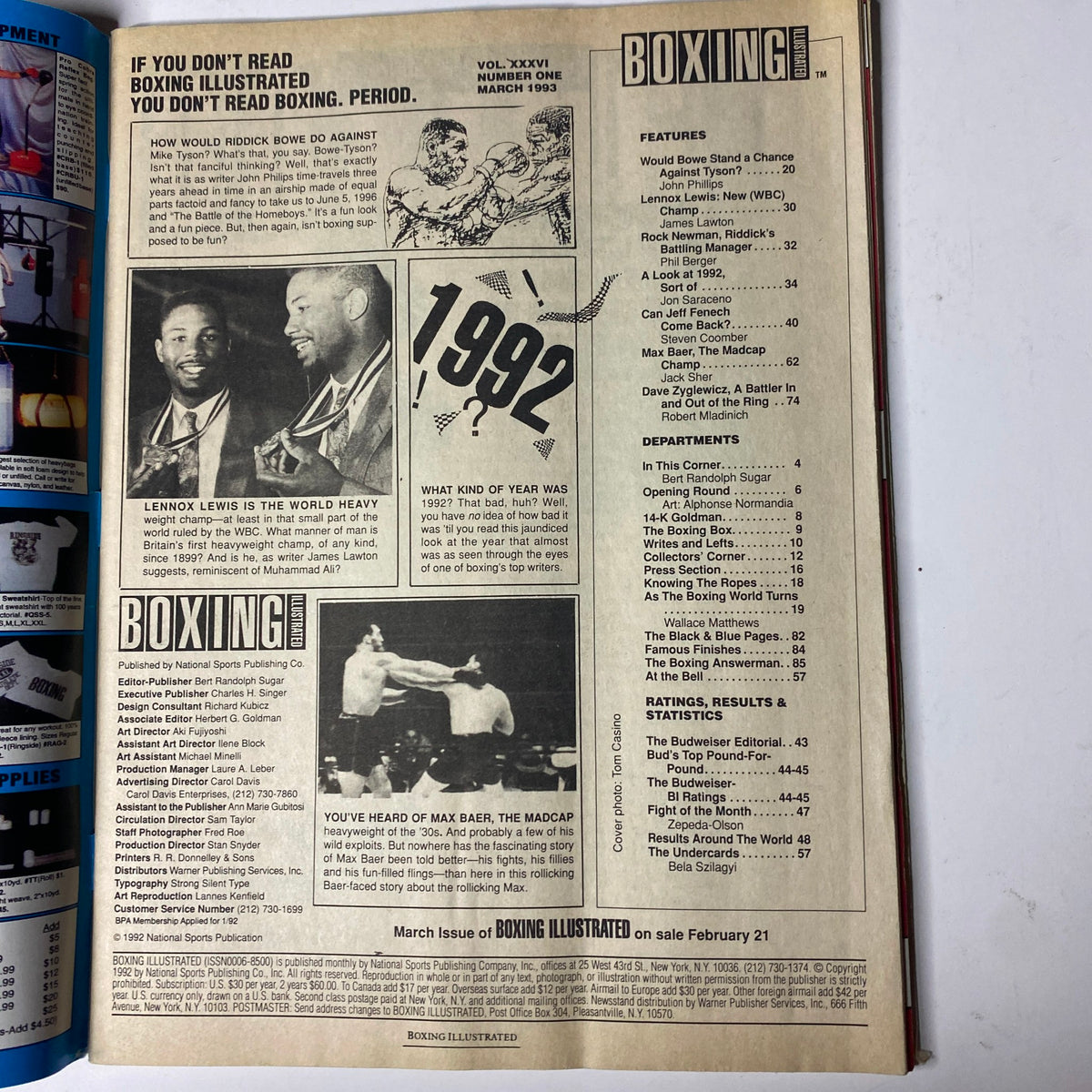 Interior page of Boxing Illustrated Magazine, March 1993 displaying articles and features including Lennox Lewis and references to Riddick Bowe and Mike Tyson.