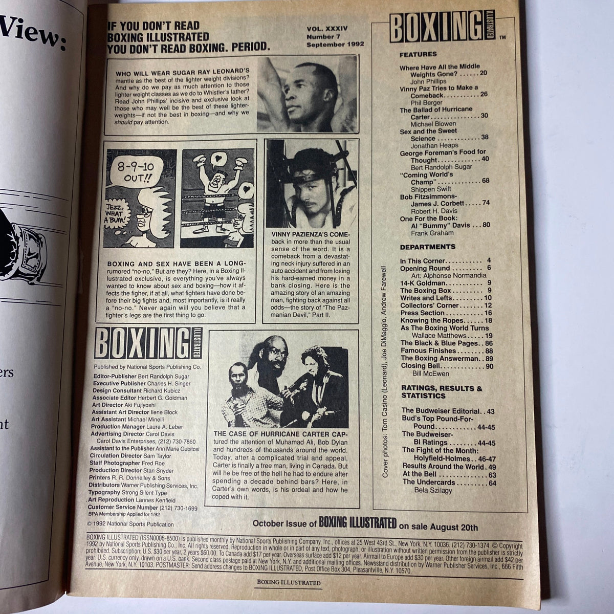 Inside page of Boxing Illustrated Magazine September 1992 containing features and articles including 'Vinny Paz Tries to Make a Comeback' and the 'Case of Hurricane Carter'. This page highlights the magazine's rich content and features.