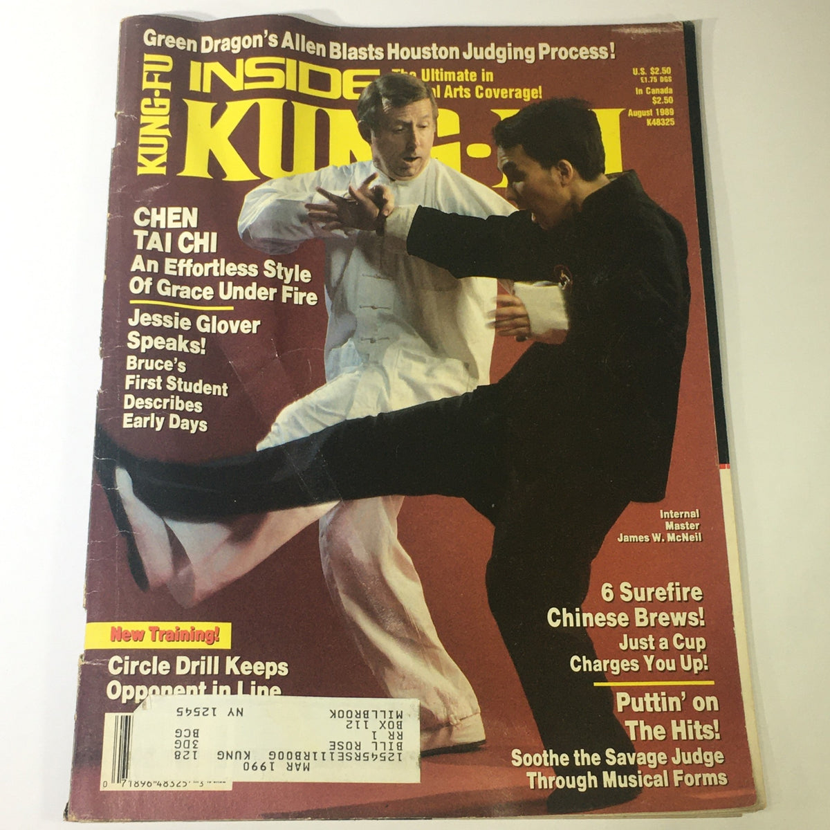 Vintage Inside Kung Fu Magazine from August 1989 featuring Internal Master James W. McNeil, showcasing martial arts techniques and philosophy. The cover highlights Chen Tai Chi and includes contributions from martial arts experts.