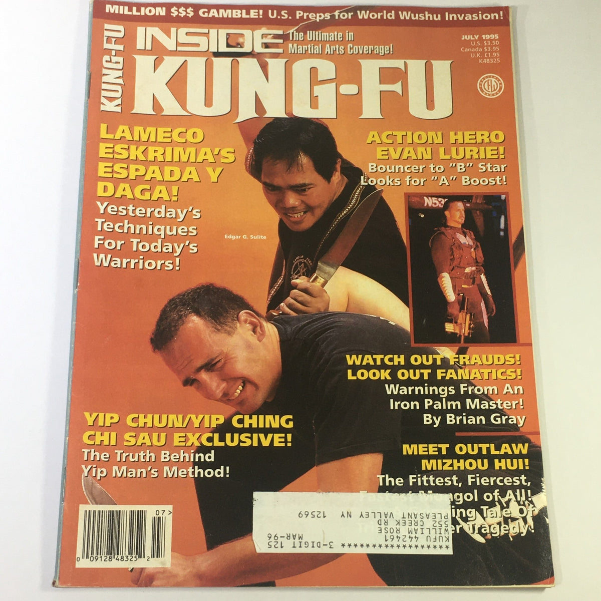 Inside Kung Fu Magazine July 1995 featuring Edgar G. Sulite on the cover, showcasing martial arts techniques, including Lameco Eskrima and Iron Palm training.