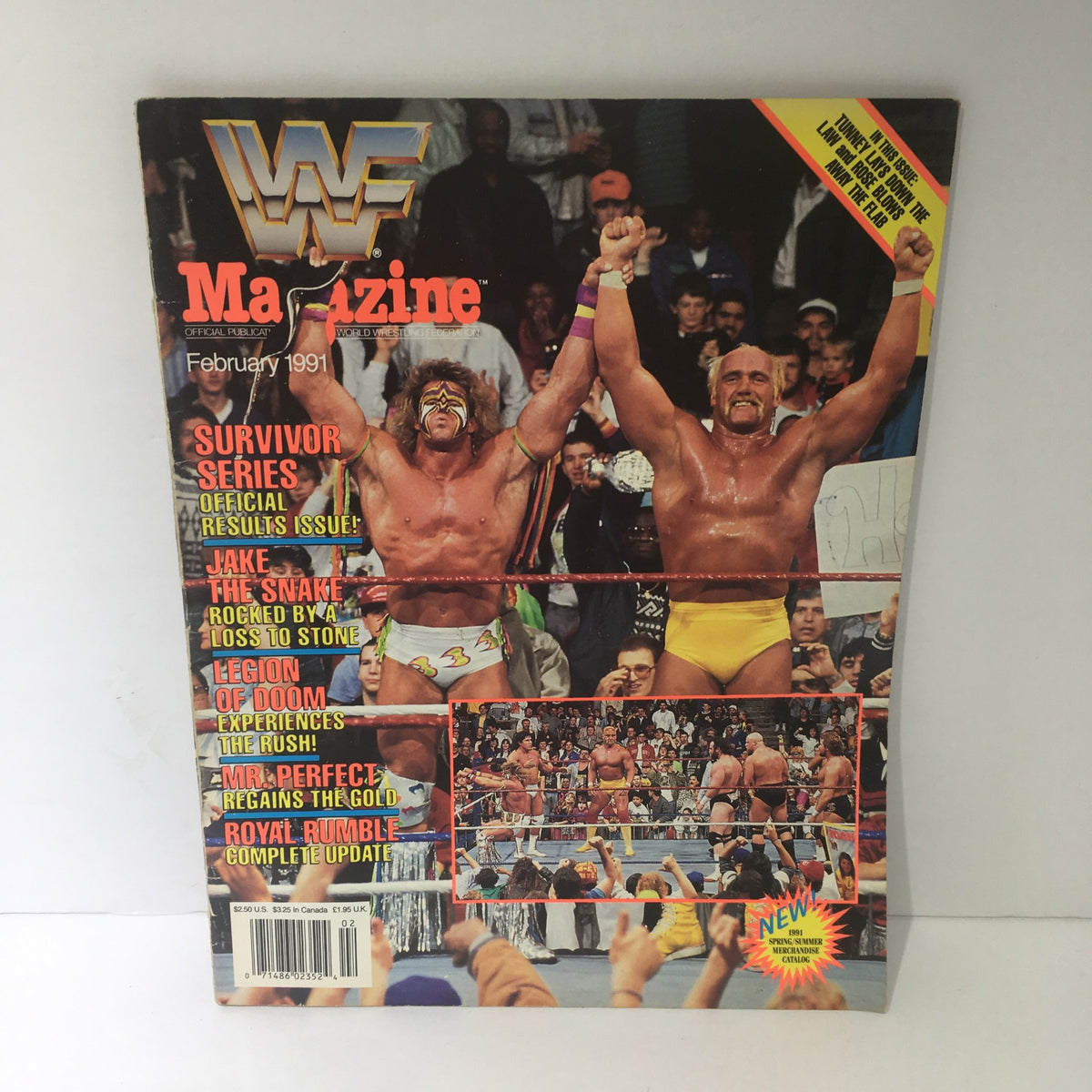 Cover of WWF Magazine, February 1991, featuring Hulk Hogan and Ultimate Warrior celebrating together in the ring, highlighting iconic wrestling moments.