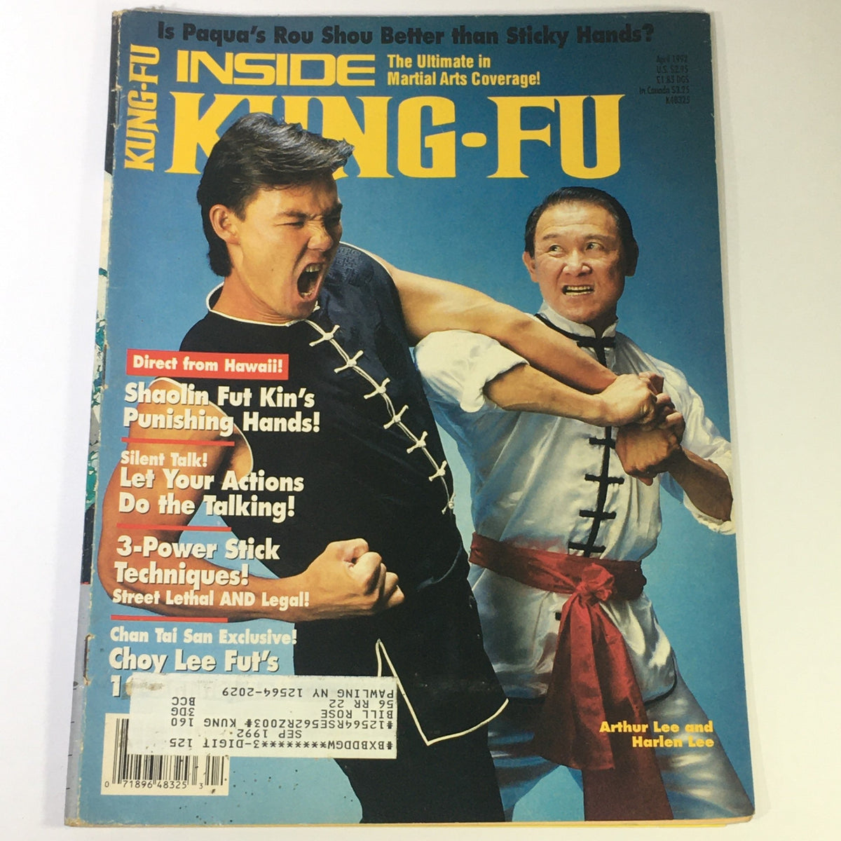 Cover of Inside Kung Fu Magazine April 1992 featuring Arthur Lee and Harlen Lee practicing Choy Lee Fut techniques, showcasing martial arts culture and techniques with vibrant colors and expressive poses.