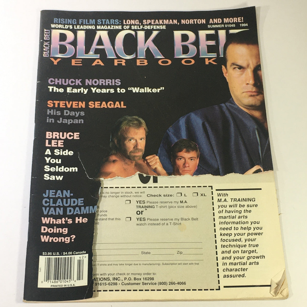 Black Belt Yearbook Summer 1994 magazine cover featuring martial arts legends Steven Seagal, Chuck Norris, and Bruce Lee, showcasing iconic figures in martial arts during the 1990s.