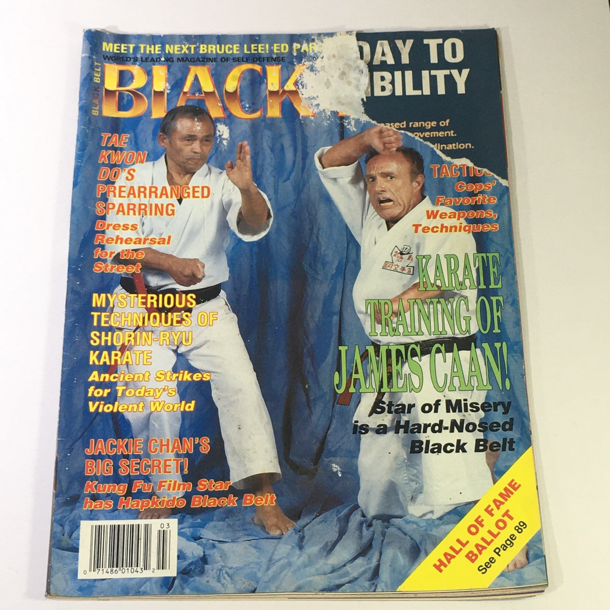 Cover of Black Belt Yearbook March 1991 featuring martial artists and headlines including Jackie Chan's Big Secret and Karate Training of James Caan.