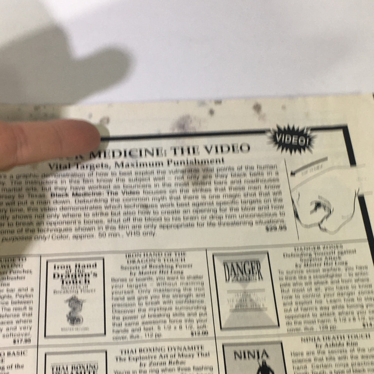 Information page from Black Belt Yearbook March 1991 discussing various martial arts techniques and a video feature.