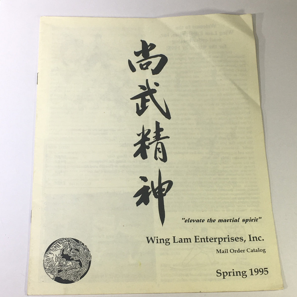 Cover of Wing Lam Enterprises Inc., Mail Order Catalog Spring 1995, featuring the phrase 'elevate the martial spirit,' with a decorative emblem and details on the publisher and edition.
