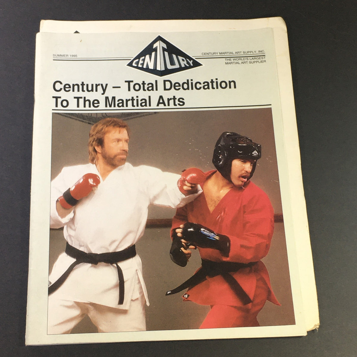 Cover of the Century Martial Art Supply Inc. Sale Catalog Summer 1995 featuring Chuck Norris demonstrating martial arts techniques.