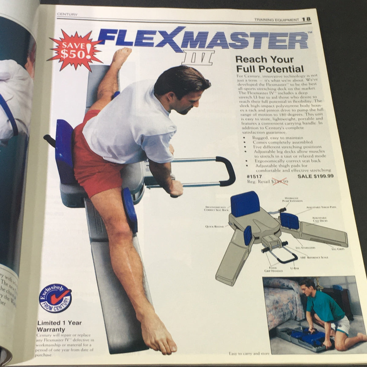 Advertisement from the Century Martial Art Supply Inc. Sale Catalog Summer 1995 showcasing the Flexmaster live training equipment with pricing information.