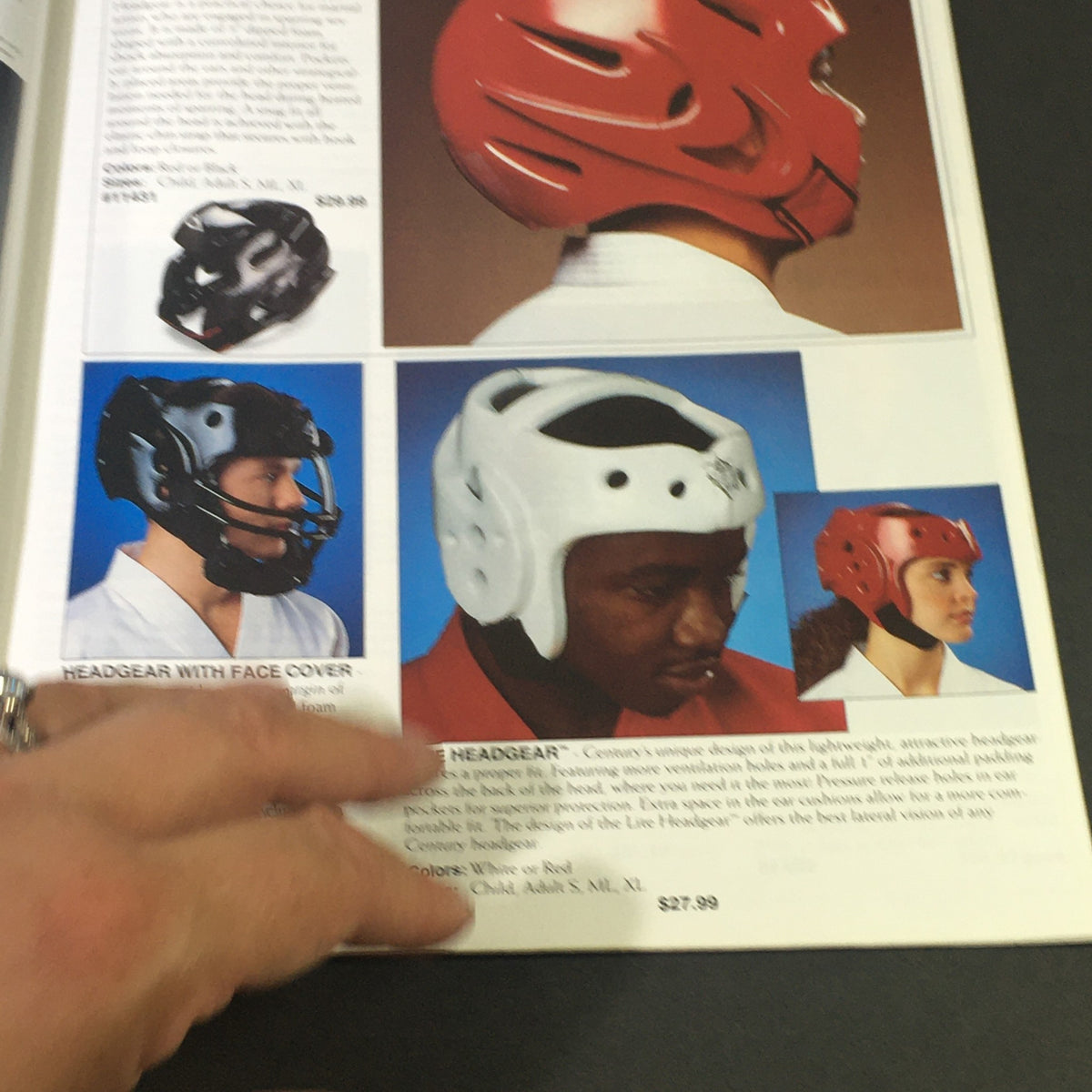 Century Martial Art Supply Inc. Sale Catalog Summer 1995 - Chuck Norris, showcasing various headgear types for martial arts, including red, black, and white options, with details on pricing and features.
