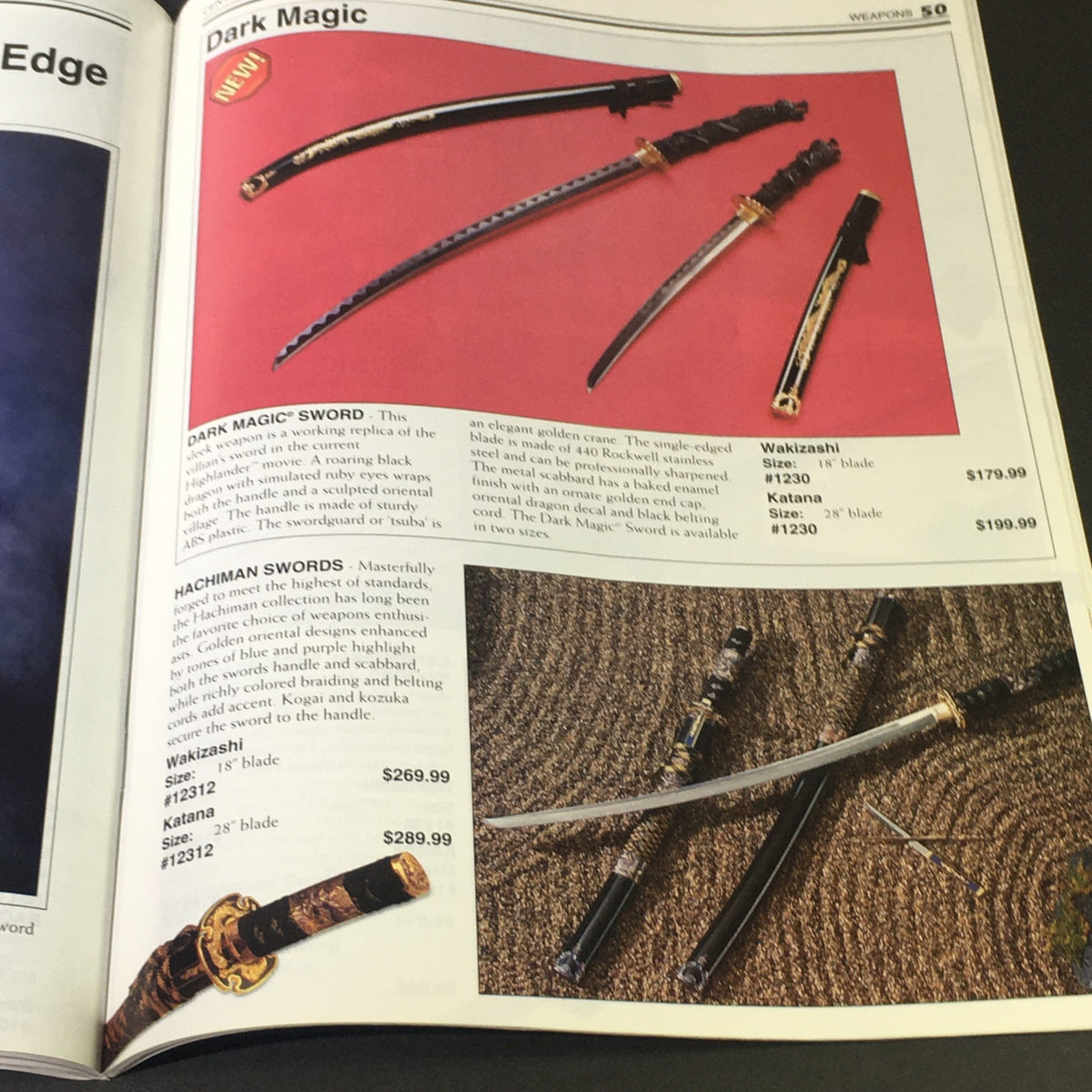 Century Martial Art Supply Inc. Sale Catalog Summer 1995 - Chuck Norris, featuring the Dark Magic sword collection with two swords displayed on a red background, showcasing the craftsmanship and pricing.