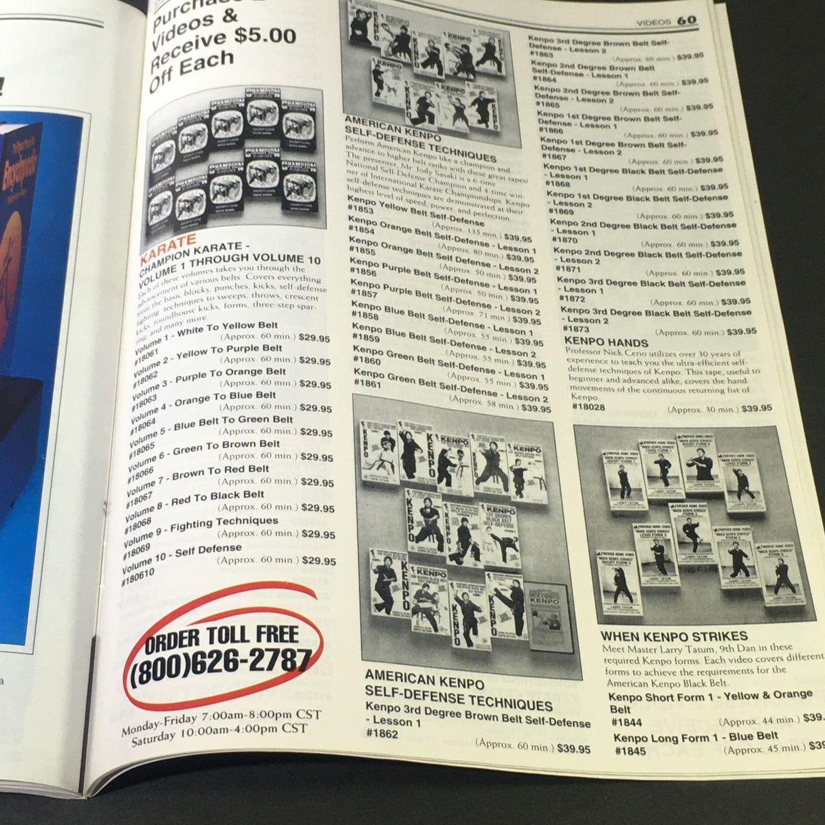 Century Martial Art Supply Inc. Sale Catalog Summer 1995 - Chuck Norris, displaying a variety of self-defense video titles and their prices, highlighting karate and kenpo techniques.