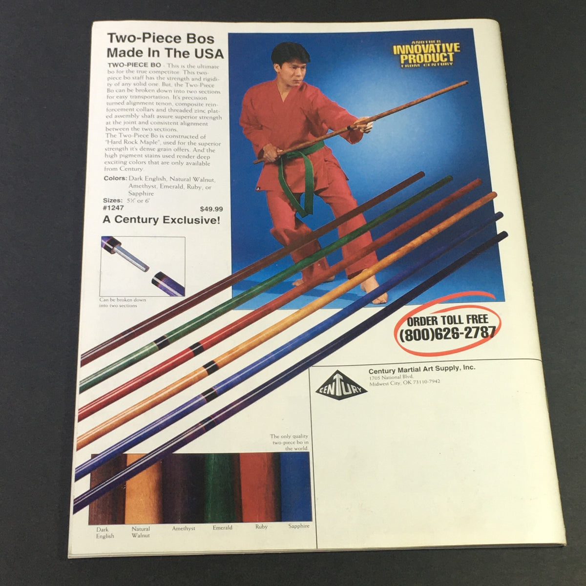 Century Martial Art Supply Inc. Sale Catalog Summer 1995 - Chuck Norris, presenting the Two-Piece Bo staff and its color variations, including a martial artist demonstrating its use.