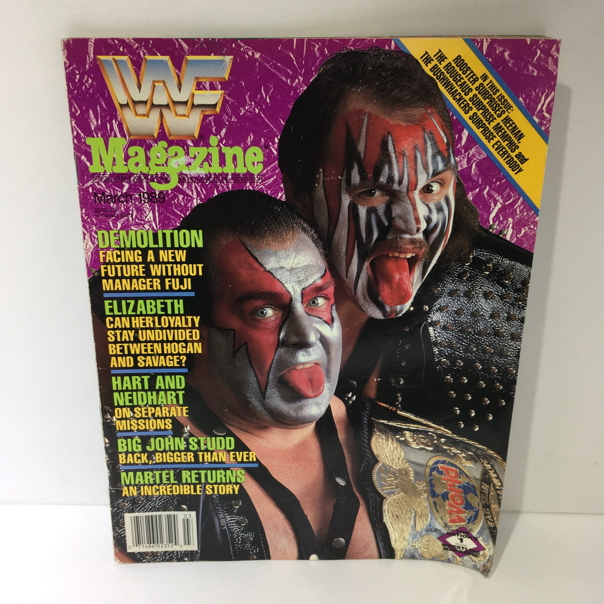 Cover of WWF Magazine, March 1989 edition featuring Demolition - Facing a New Future Without Manager Fuji, showcasing the iconic tag team with vibrant cover art.