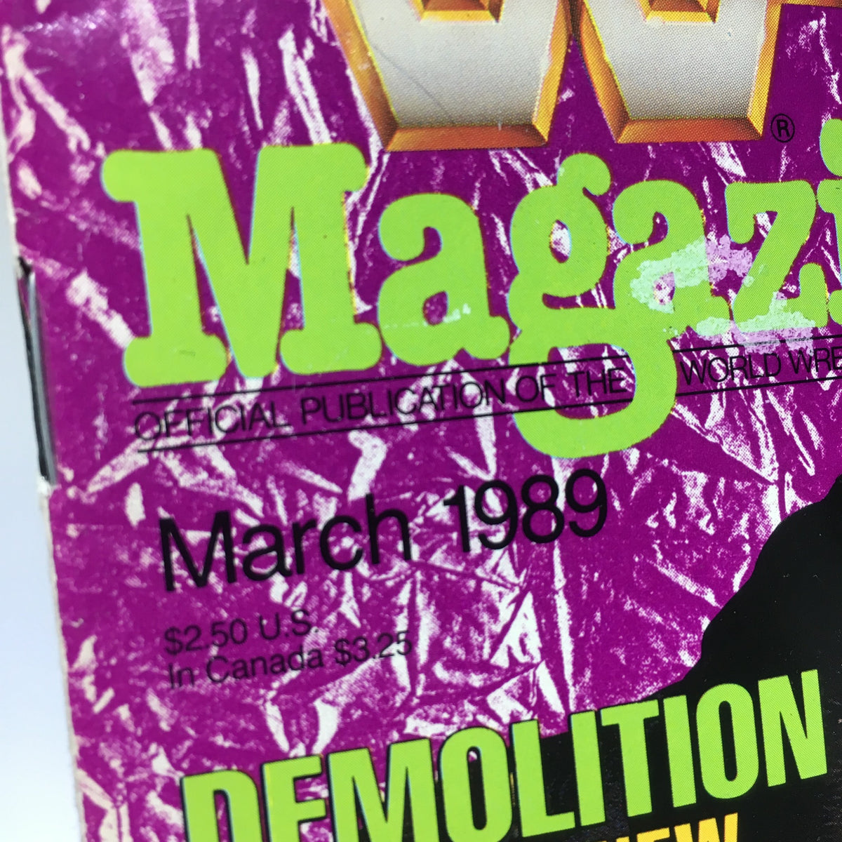 Inside cover of WWF Magazine, March 1989, displaying the title and publication date for Demolition - Facing a New Future Without Manager Fuji, emphasizing its historical significance.