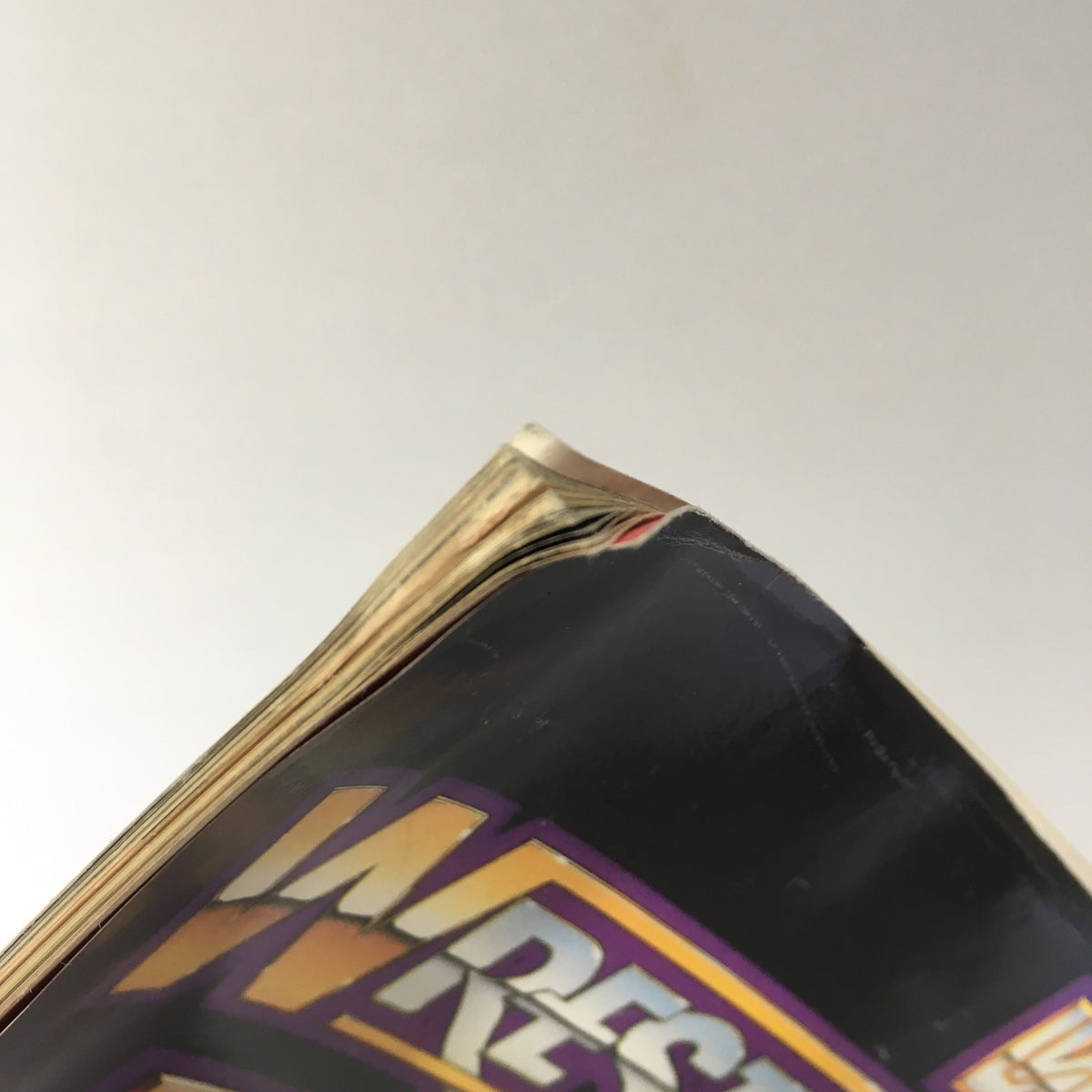 Spine view of WWF Magazine: Demolition - Facing a New Future Without Manager Fuji, March 1989, showing age-related wear.