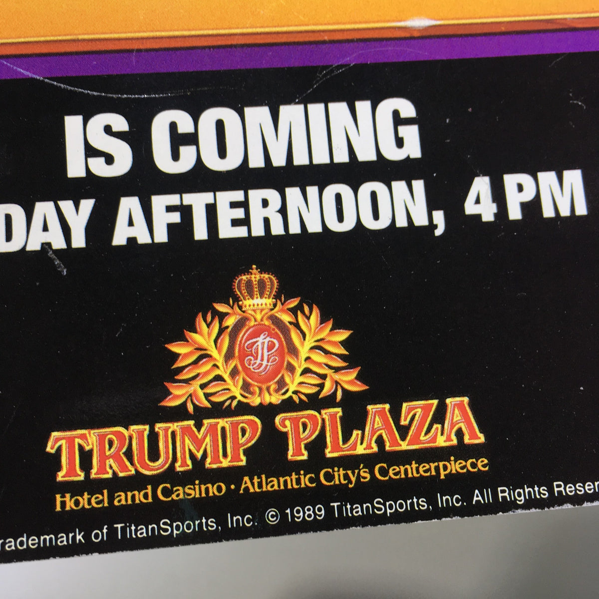 Trump Plaza advertisement from WWF Magazine: Demolition - Facing a New Future Without Manager Fuji, March 1989, announcing WrestleMania V.