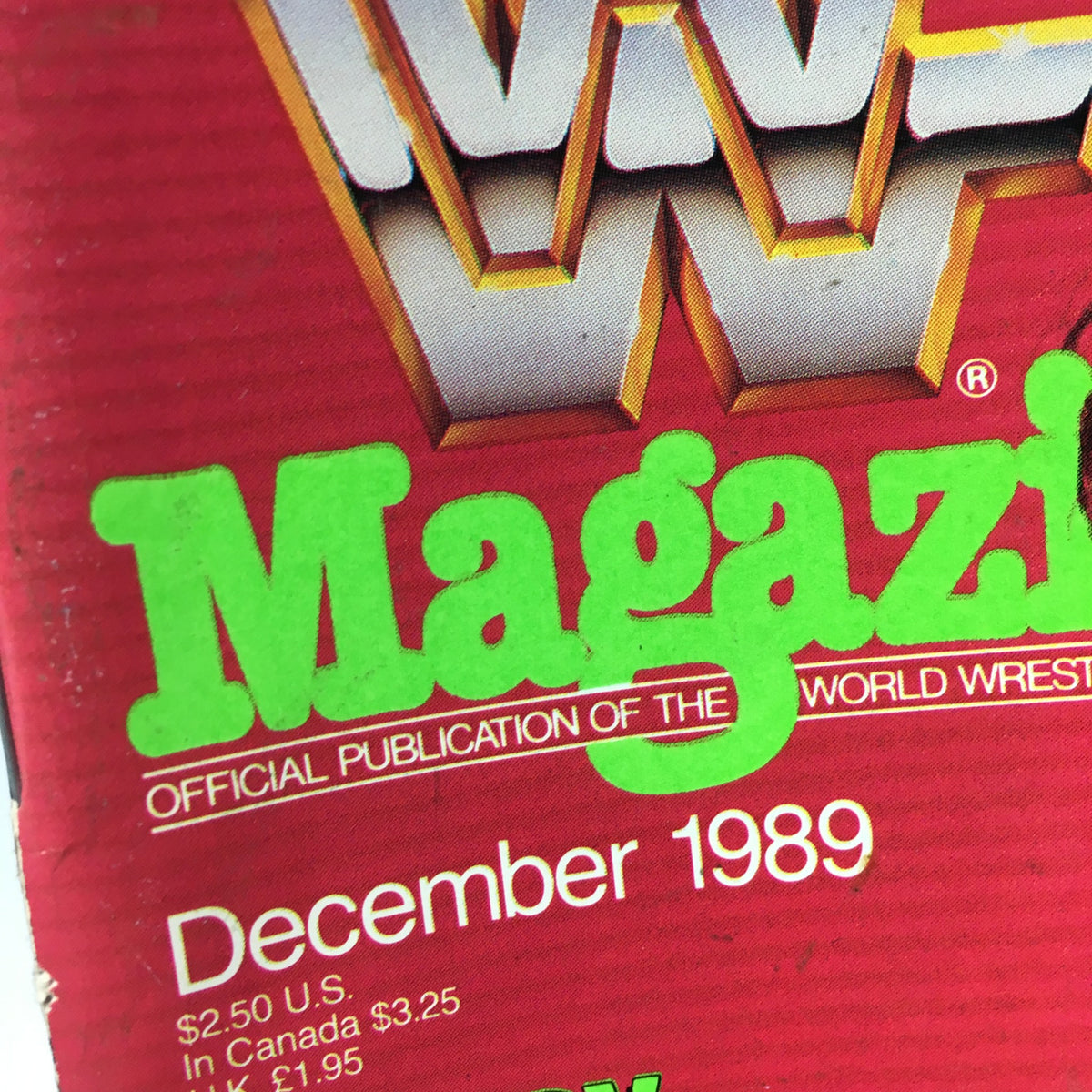 Close-up of the WWF Magazine logo and cover date, December 1989, indicating it is the official publication of World Wrestling Federation.