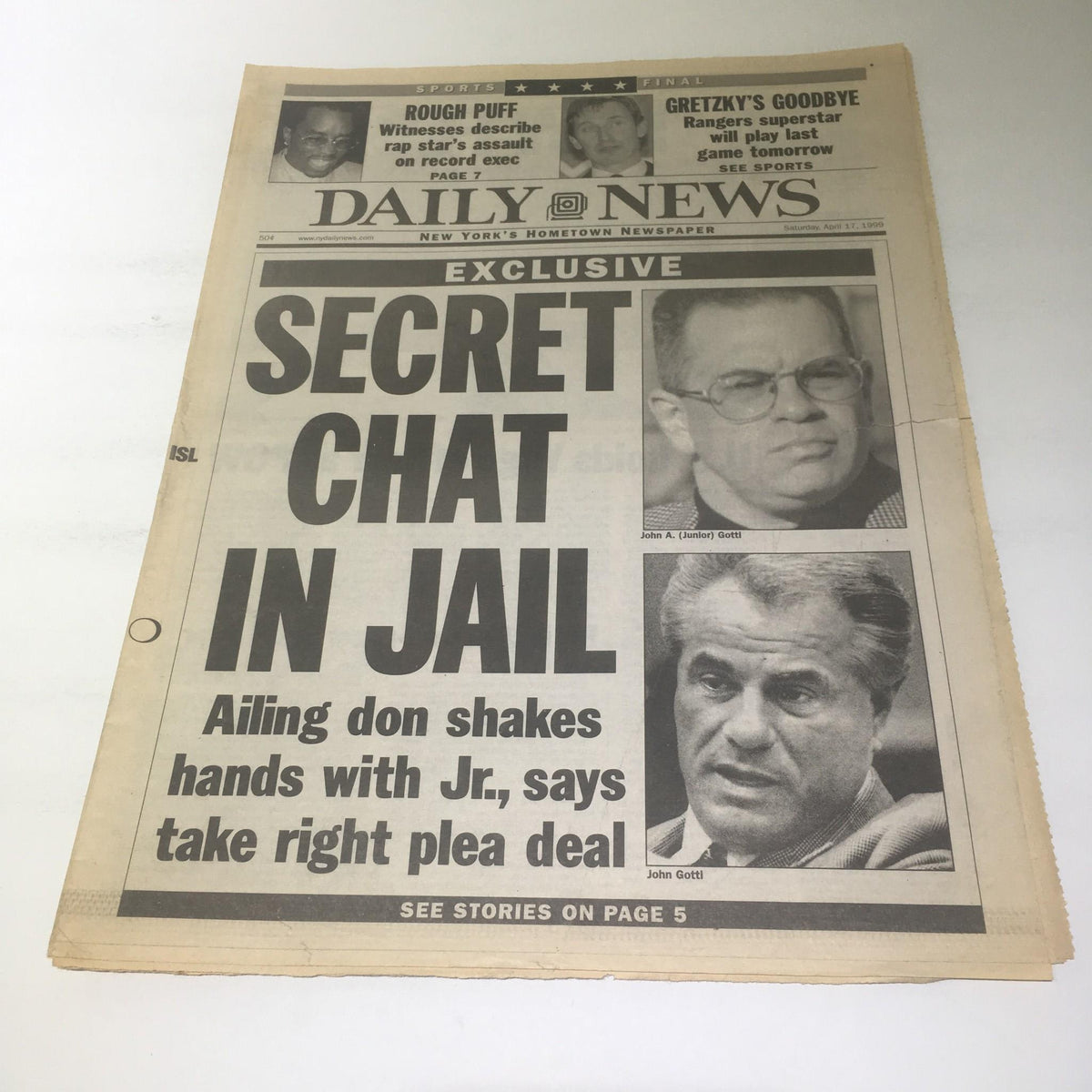 Cover of NY Daily News from April 17, 1999, featuring the headline 'Secret Chat in Jail' and images of individuals related to the story.