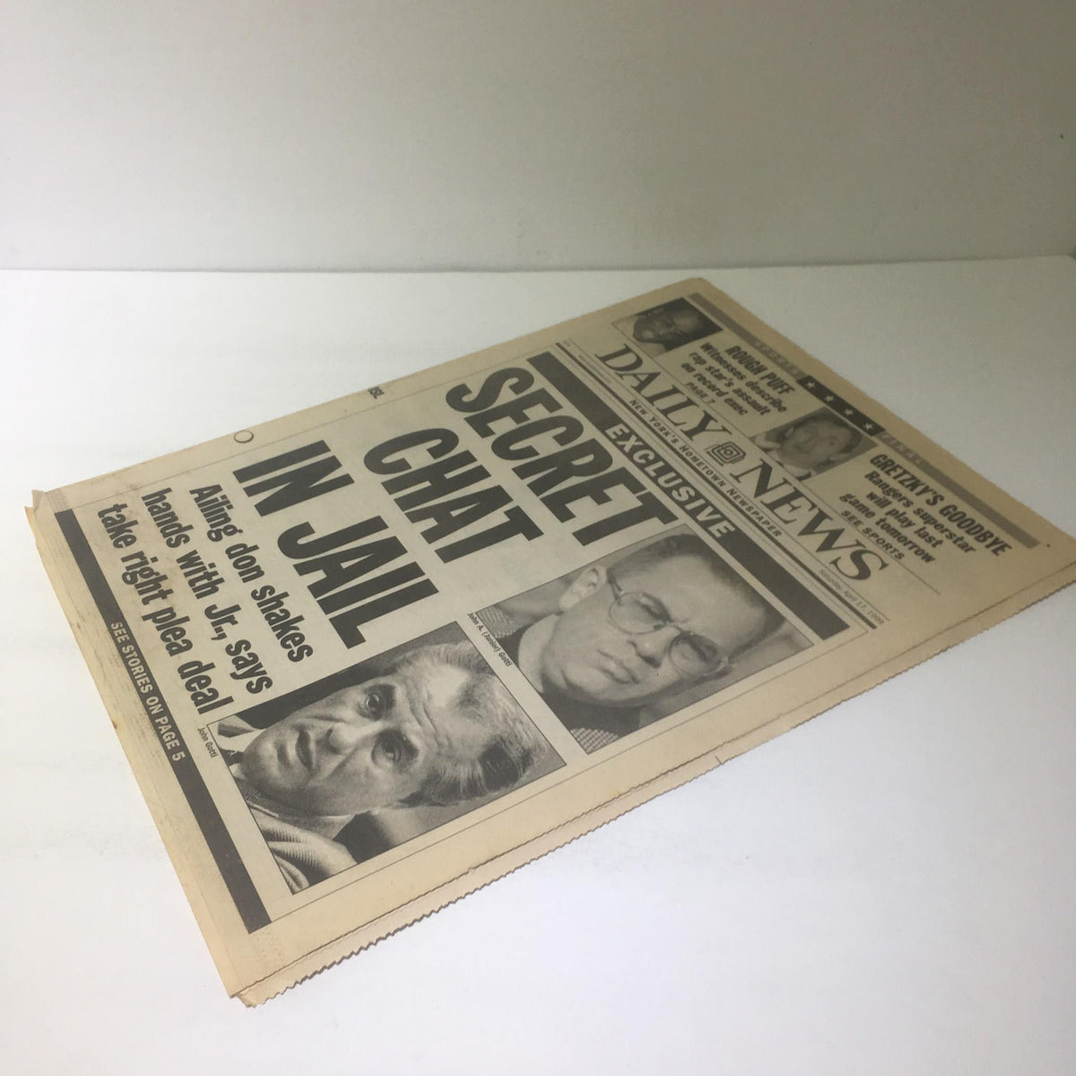 NY Daily News: April 17 1999, Secret Chat in Jail - another view of the front page showcasing the headline regarding jail conversations and notable individuals.