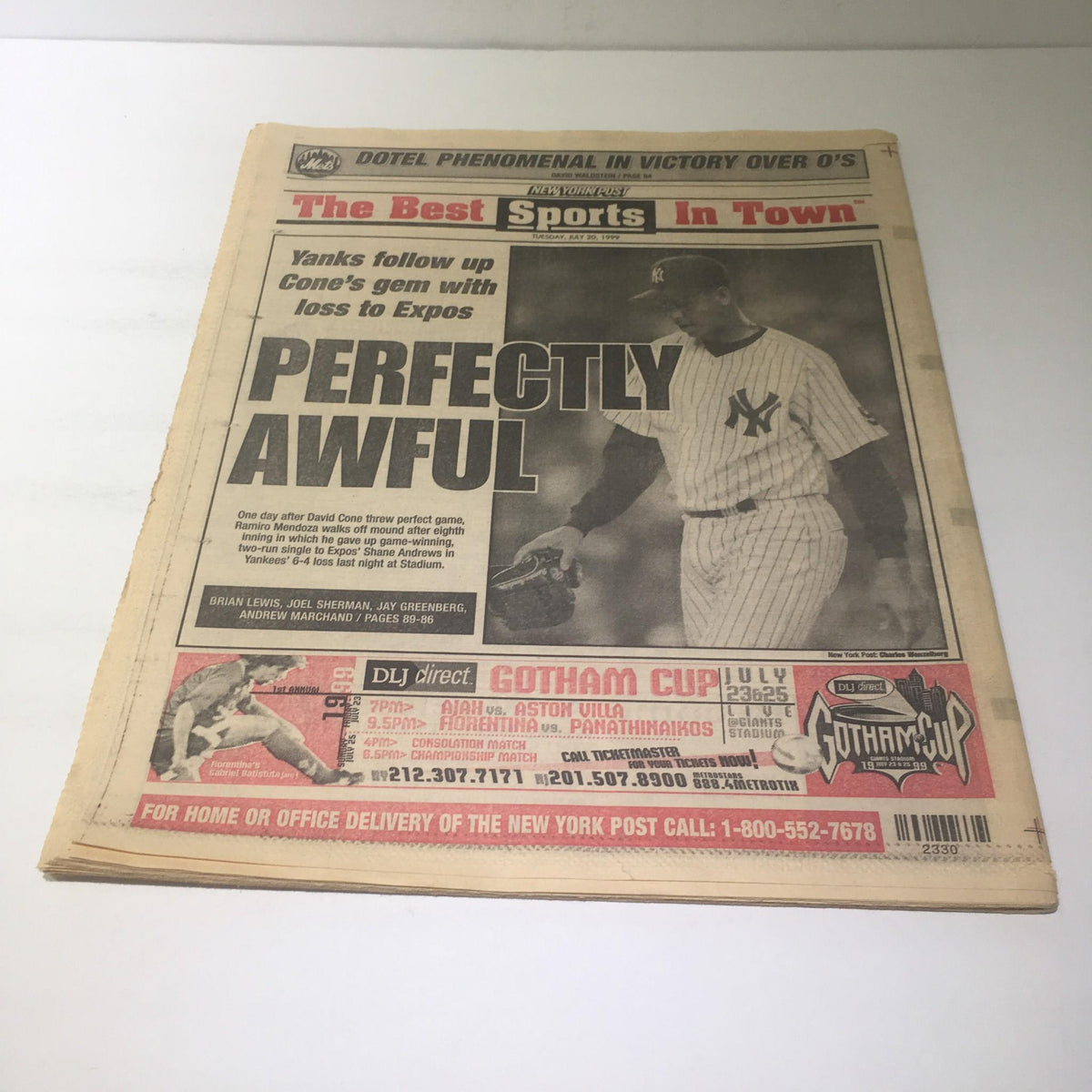 Back page of NY Post with the headline 'PERFECTLY AWFUL', reporting on the Yankees' performance following David Cone's game.