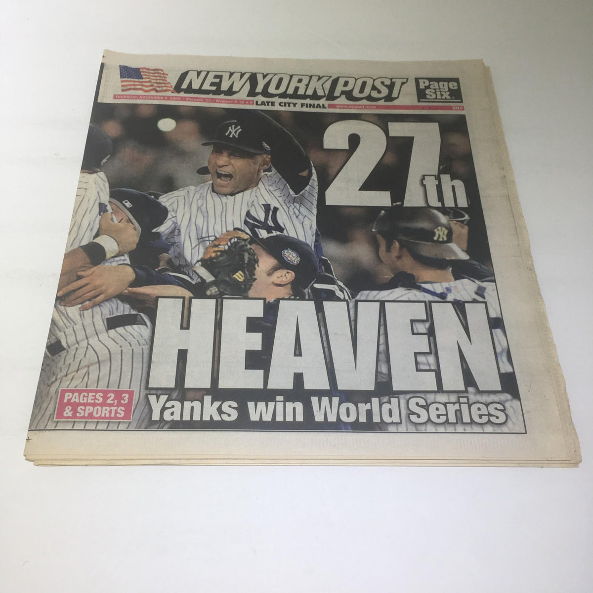 Front page of New York Post dated November 5, 2009, featuring the headline '27th Heaven: Yanks Win World Series' alongside an image celebrating the New York Yankees' victory.