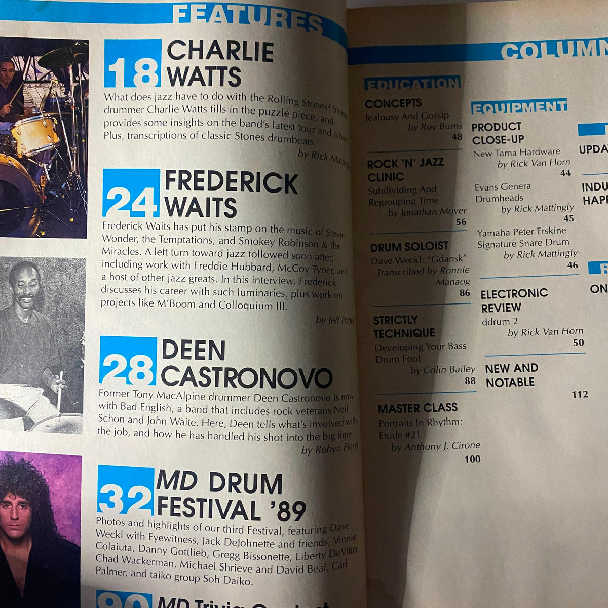 Interior page of Modern Drummer Magazine February 1990 featuring articles on drummers Charlie Watts and Frederick Waits, highlighting their contributions to music.