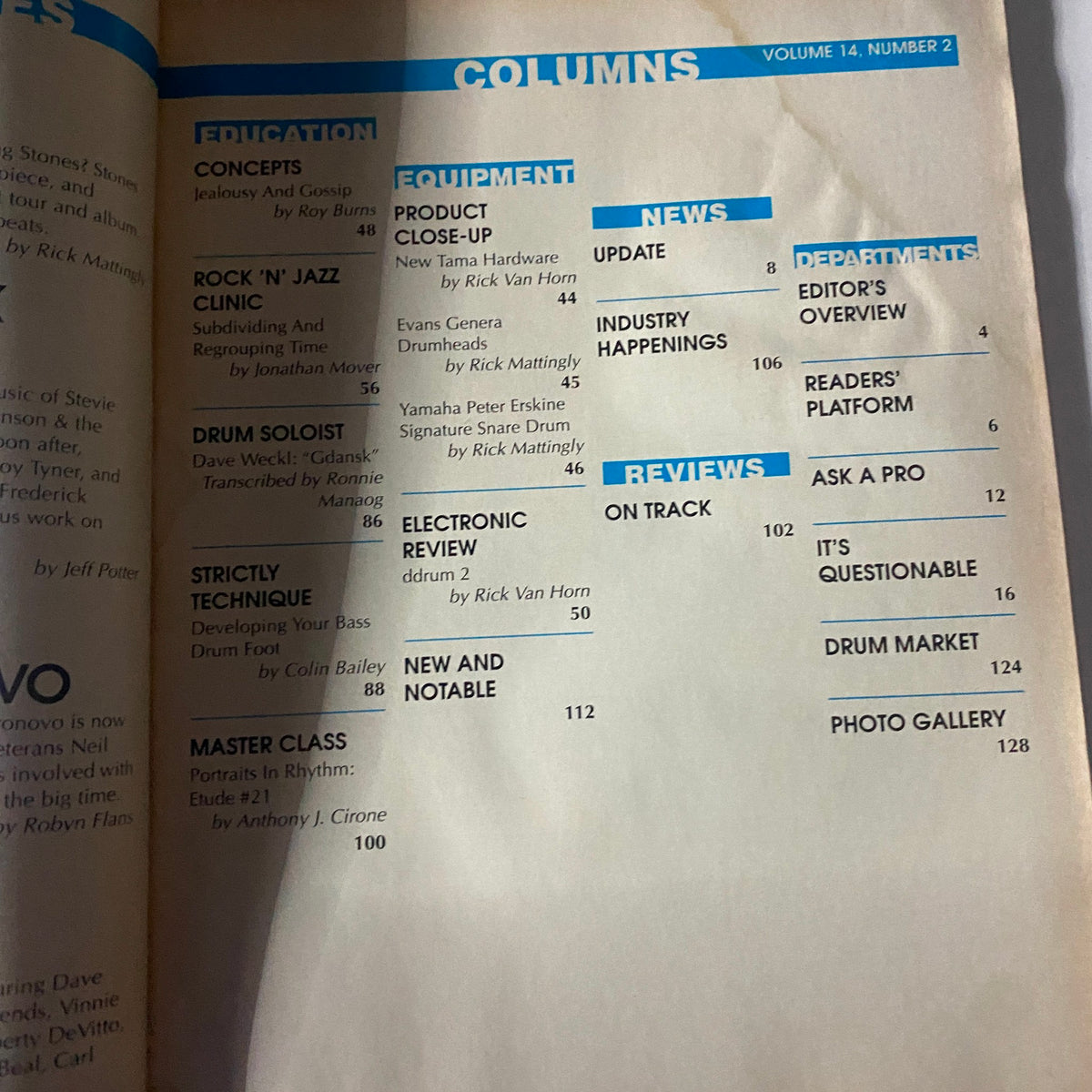 Contents page from Modern Drummer Magazine February 1990 detailing sections on education, equipment, and reviews, showcasing the vibrant drumming culture of the era.