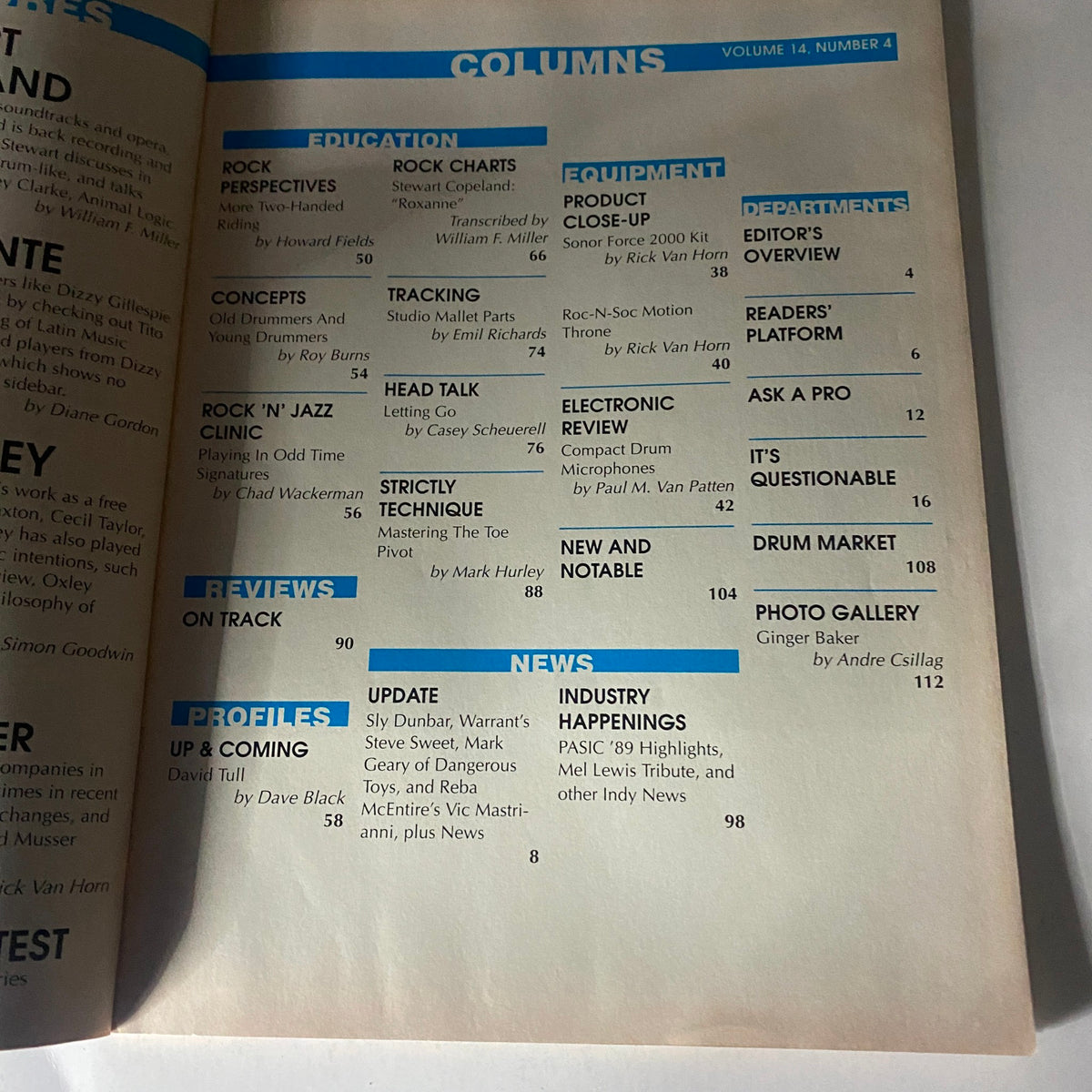 Page from Modern Drummer Magazine April 1990 featuring columns related to music education and drumming techniques, including articles on Stewart Copeland and various drumming tips.