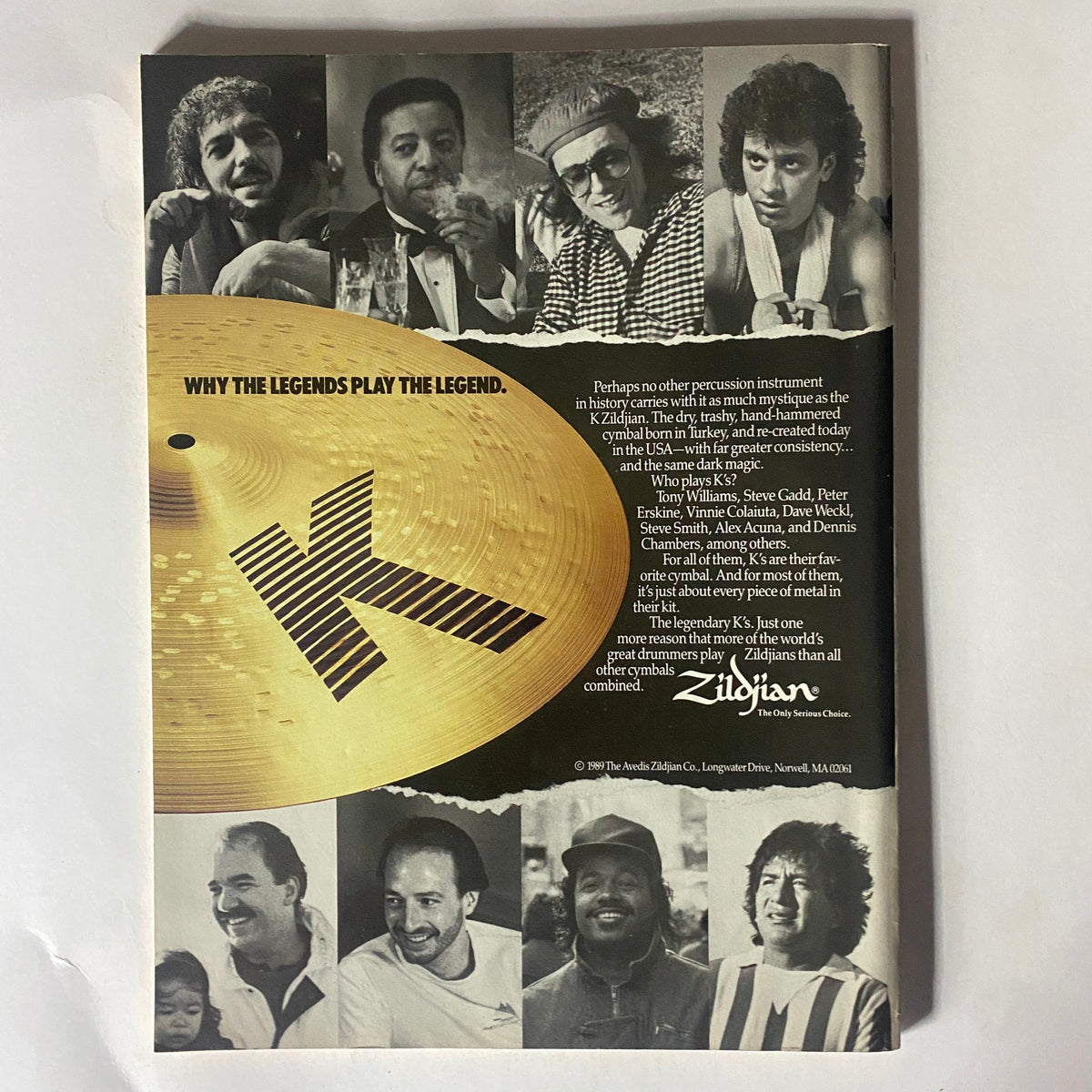 Advertisement for Zildjian cymbals from Modern Drummer Magazine April 1990, showcasing the legendary K Zildjian cymbal and featuring notable drummers discussing its significance.