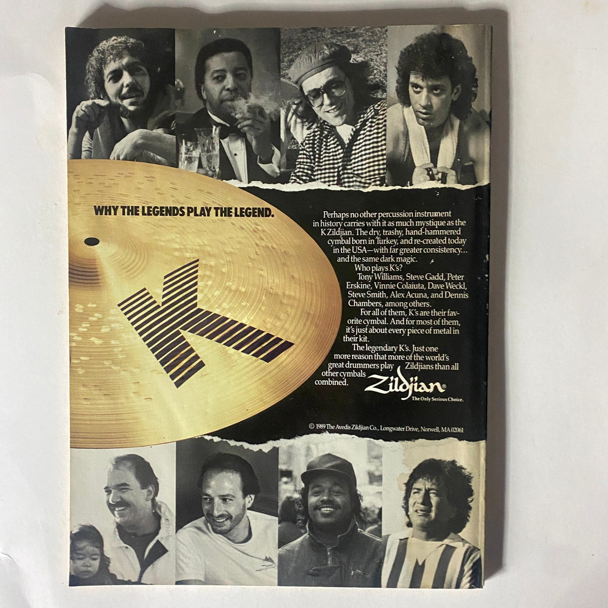Back cover of Modern Drummer Magazine March 1990 featuring an advertisement for Zildjian cymbals. The ad showcases prominent drummers discussing why they prefer Zildjian cymbals, highlighting the brand's legacy in the drumming community.