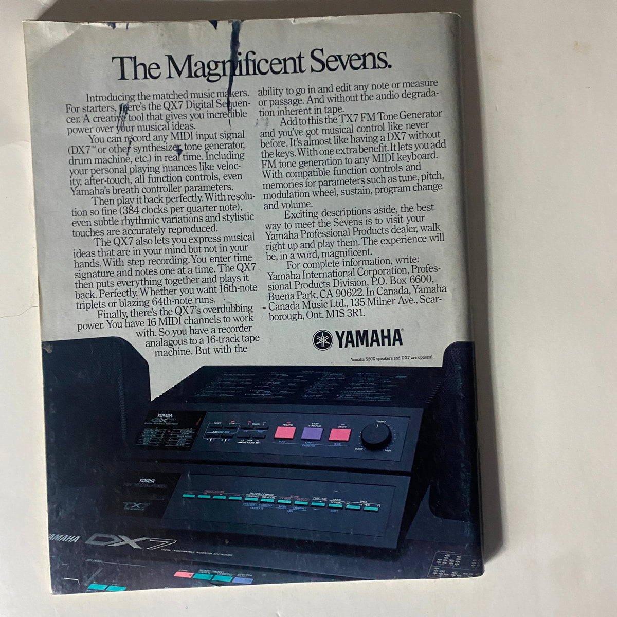 Back cover of VTG Musician Magazine February 1986, advertising Yamaha's QX7 Digital Sequencer, highlighting its features for musicians.