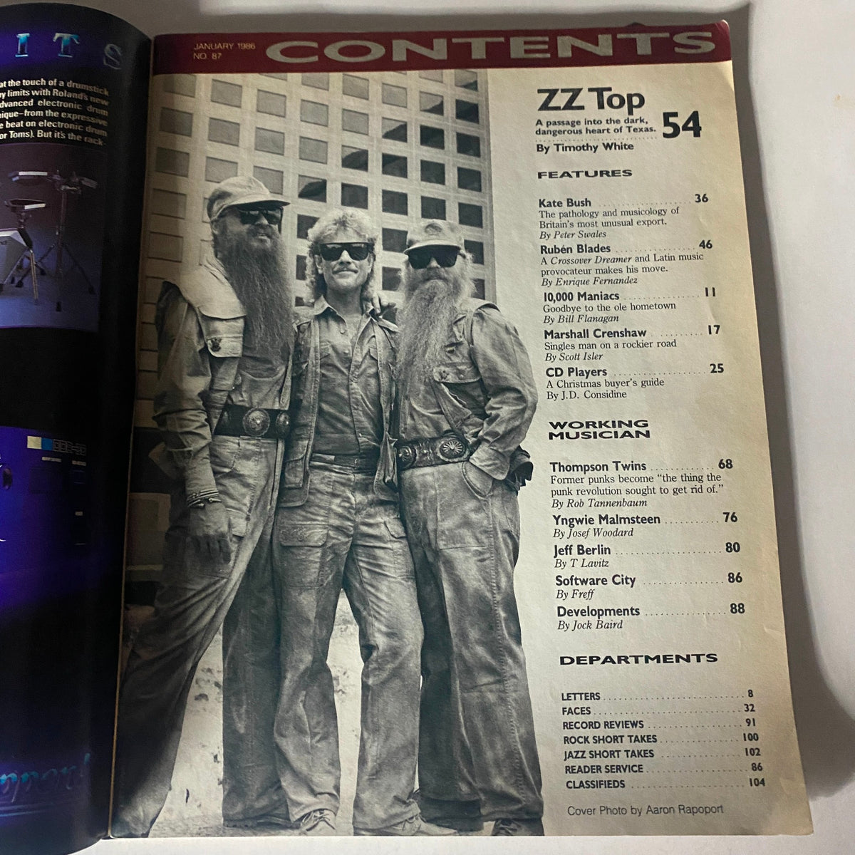 Contents page of Musician Magazine January 1986 No. 87, highlighting features on Zz Top by Timothy White and other articles from the 1980s rock scene.
