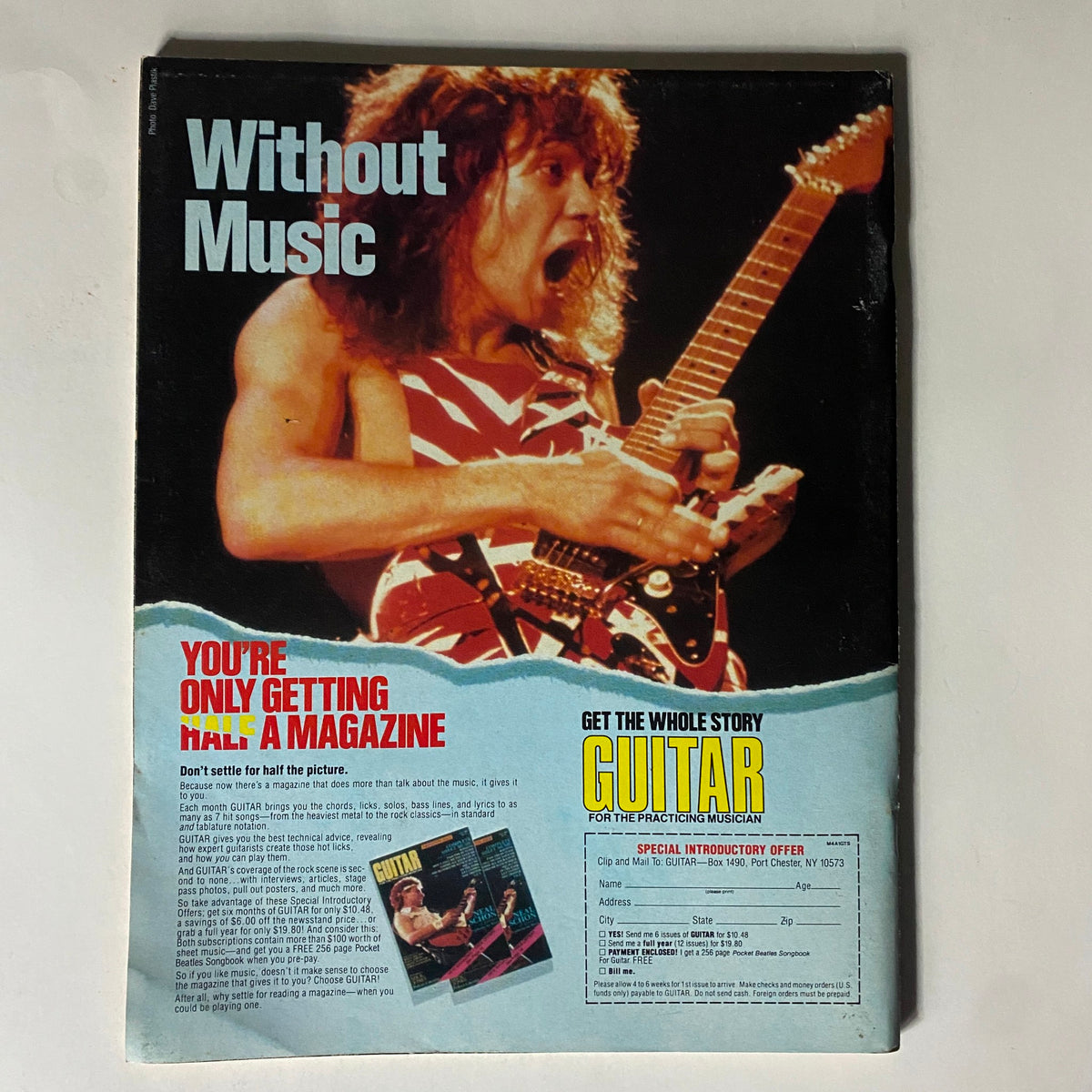 Back cover of VTG Guitar Magazine January 1984 emphasizing the importance of music with a striking image and promotion for the magazine.