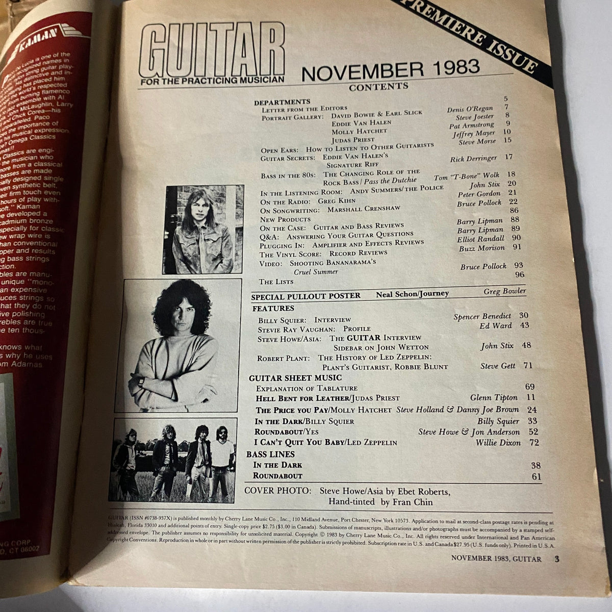 Contents page of the November 1983 issue of Guitar Magazine, highlighting articles and features including Steve Howe's profile and interviews with notable musicians.