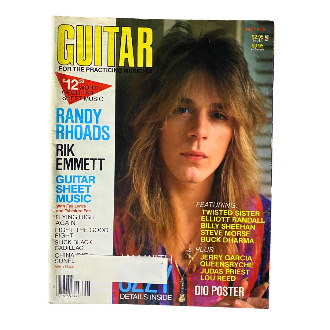 Cover of VTG Guitar Magazine June 1985 featuring Randy Rhoads and Rik Emmett, showcasing the vibrant aesthetics of 1980s rock music with bold title and detailed features on guitar sheet music.