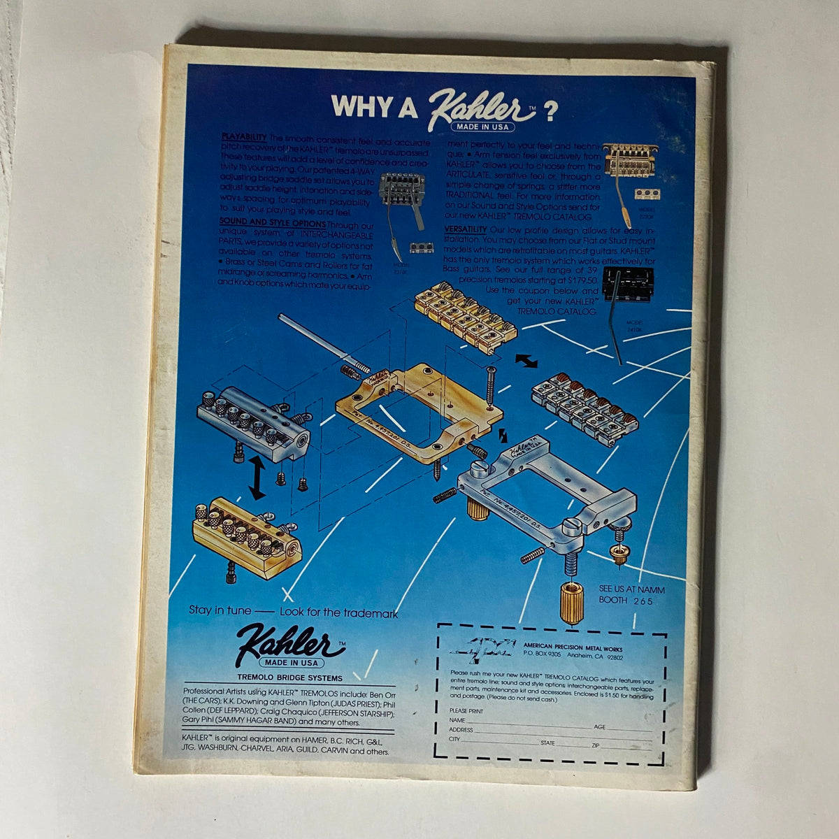 Back cover of VGuitar Magazine June 1985 featuring the advertisement for Kahler Tremolo Bridge Systems, highlighting features and specifications, important for guitar enthusiasts.