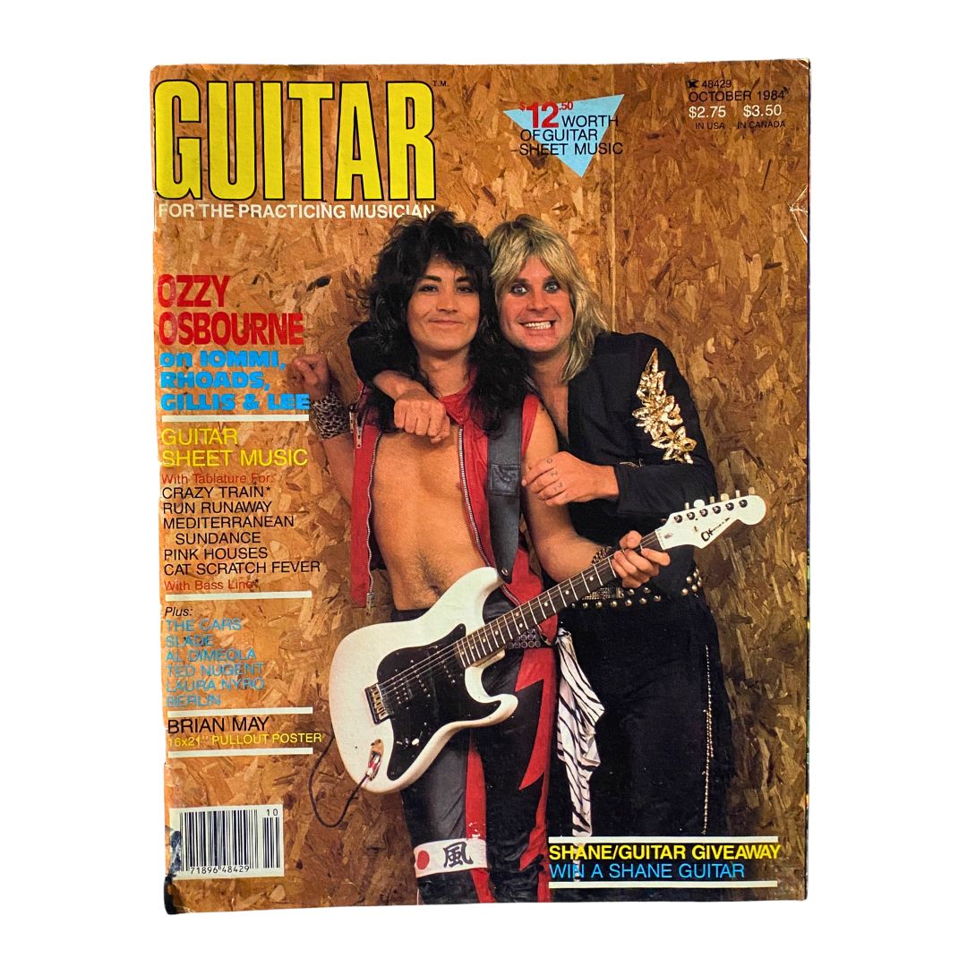 Vintage Guitar Magazine October 1984 cover featuring rock legends Ozzy Osbourne and Brian May with a pullout poster included.